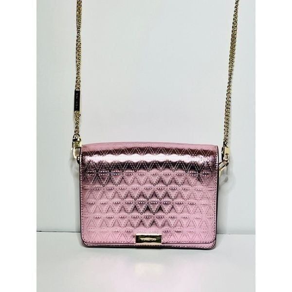 Michael Kors Jade Gusset MD Leather Clutch Shoulder Crossbody Bag Pink Gold