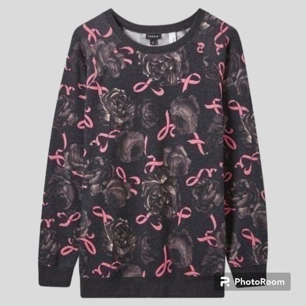 5X 28W Torrid Grey Pink Ribbon Cozy Fleece Sweatshirt Breast Cancer Awareness ri