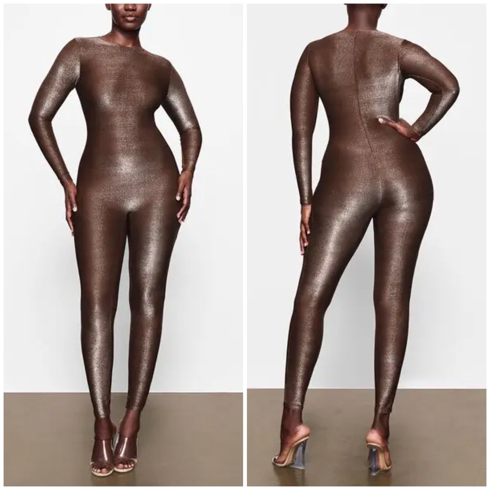 SKIMS Shimmer Catsuit Cocoa High Crew Neckline Long Sleeve SZ 3X NWT