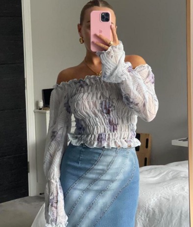 Vintage Blue Fairy Floral Mesh Ruched Off the Shoulder Long Sleeve Top