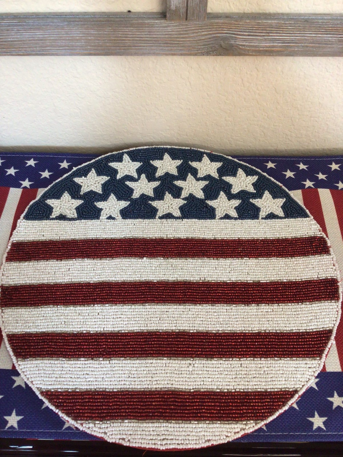 Williamstown home beaded flag pattern place mat red white stripes blue white sta