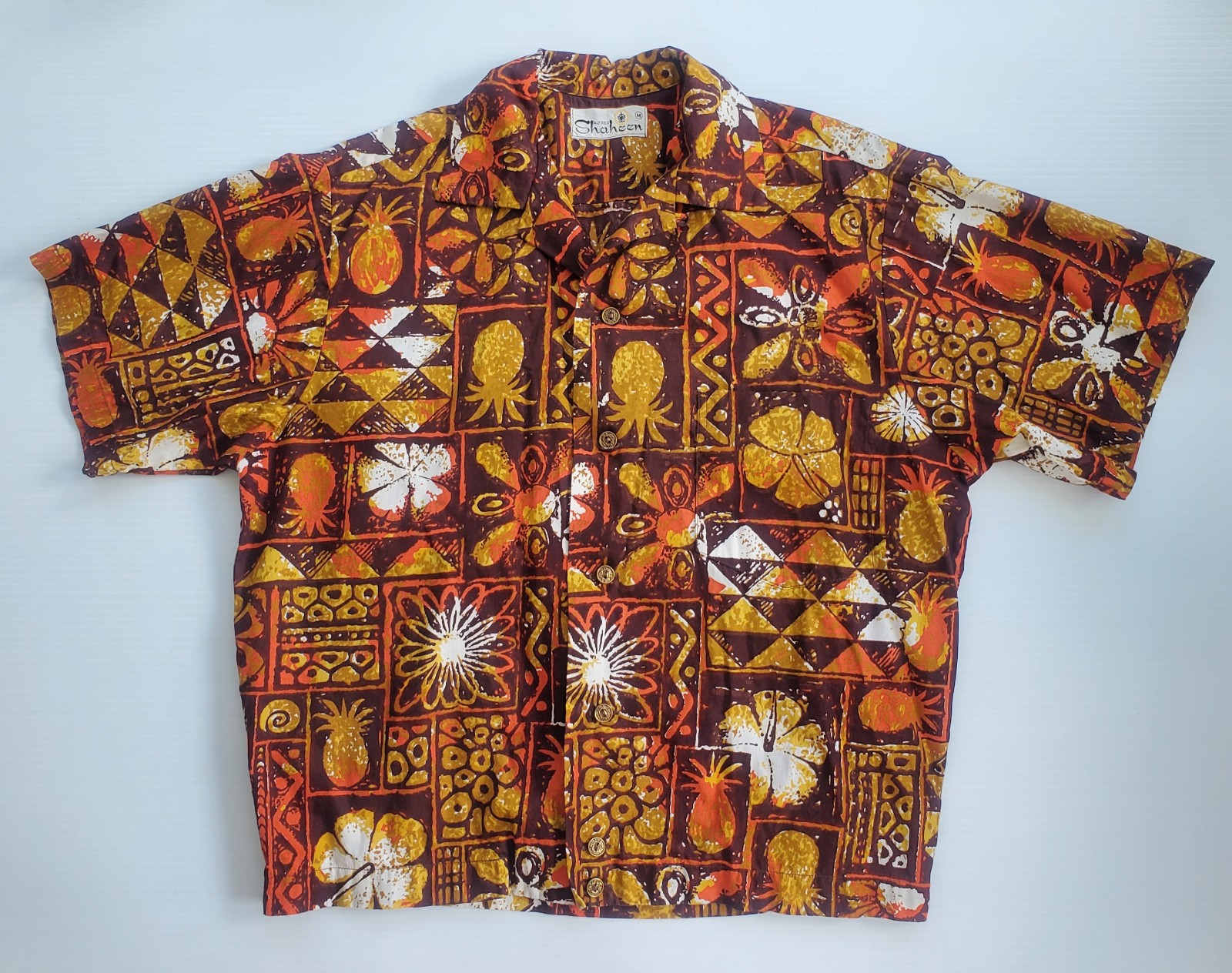 Vintage Alfred Shaheen Hawaii 1960's Hawaiian Tiki Brown Orange Gold Men's Shirt