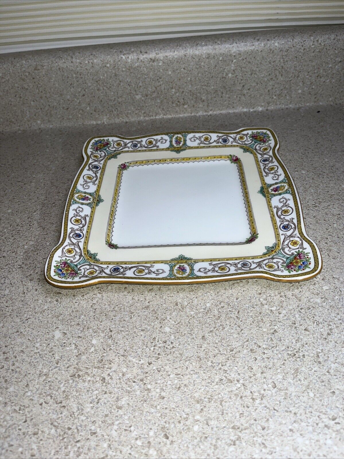 G684~ Minton Grasmere 9 Square CAKE PLATE Mustard Trim Pink & Yellow Flowers