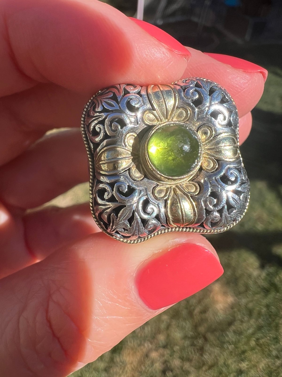 Konstantino Ring Peridot Cabochon 925 Silver Filigree 18K Yellow Gold