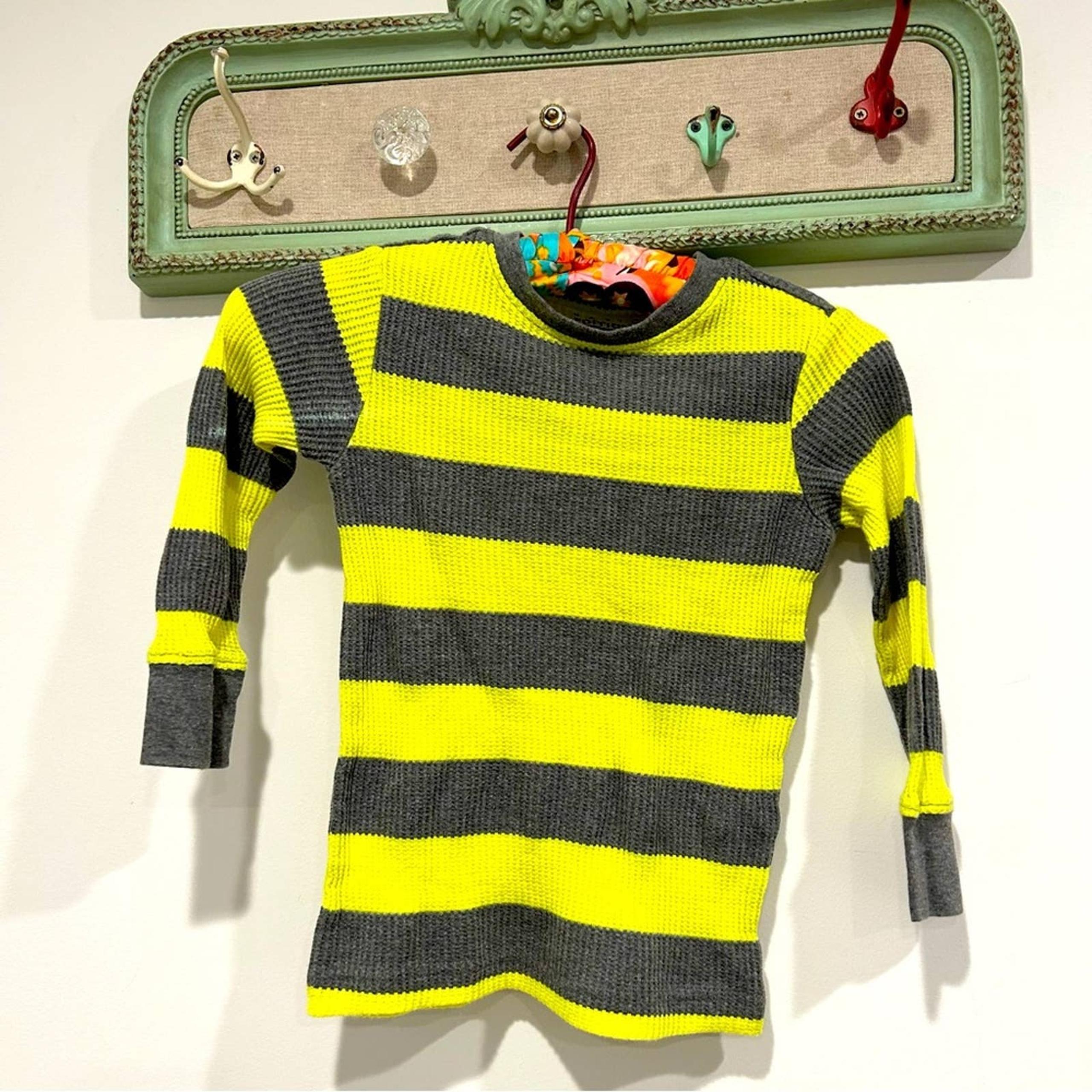 Basic Edition neon yellow / grey striped long sleeve 4/5 xs waffle knit T-shirt