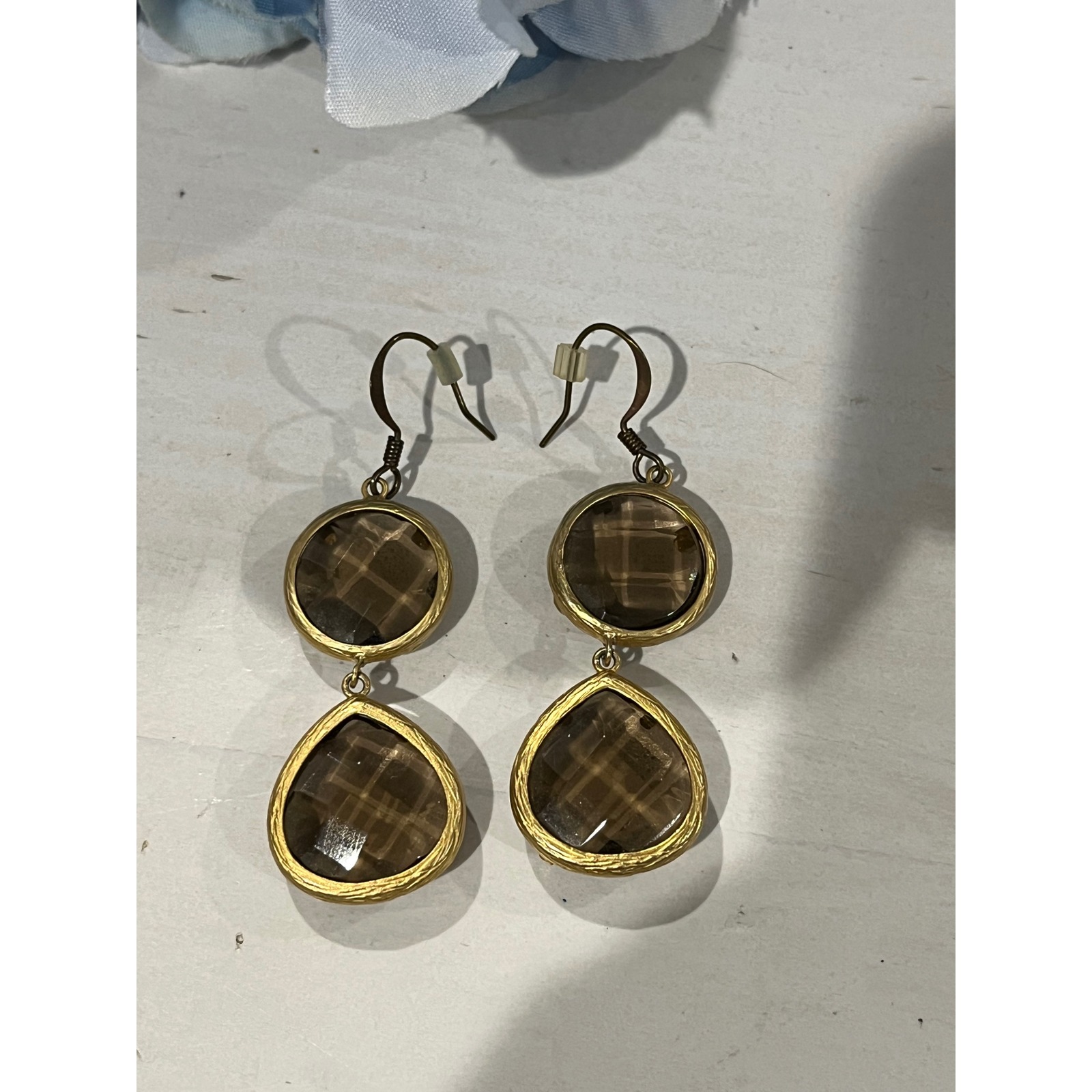 Dangle Drop Earrings Brown Faceted Stone Gold Tone Boho Chic Jewelry