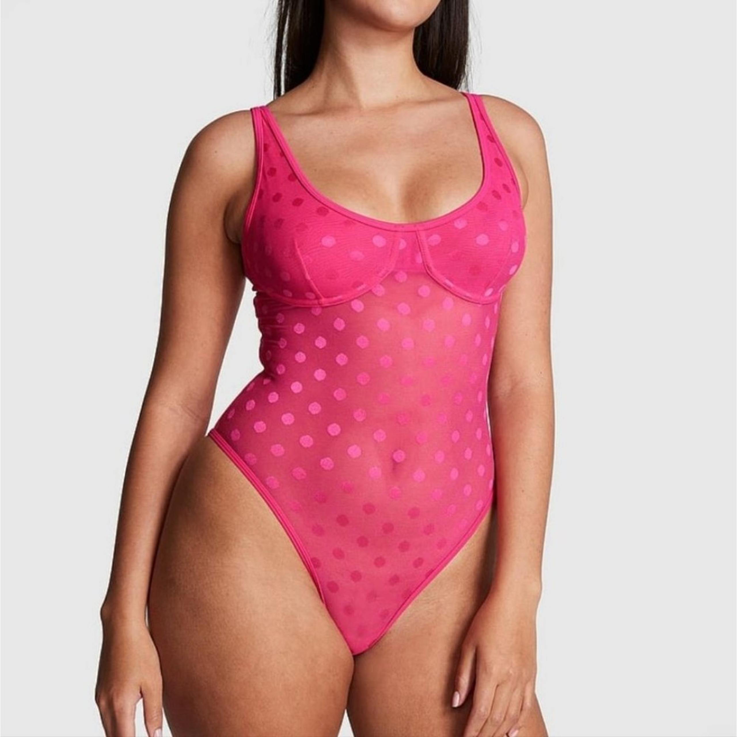 PINK Victoria's Secret Womens Polka Dots Mesh Sheer Bodysuit Size. Medium NEW.