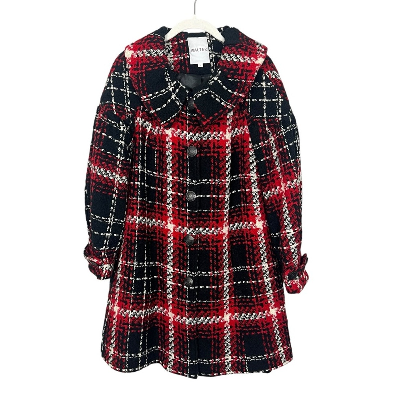 Vintage Walter Longline A-Line Pea Coat Black Red Plaid sz 4 Tweed Wool Blend