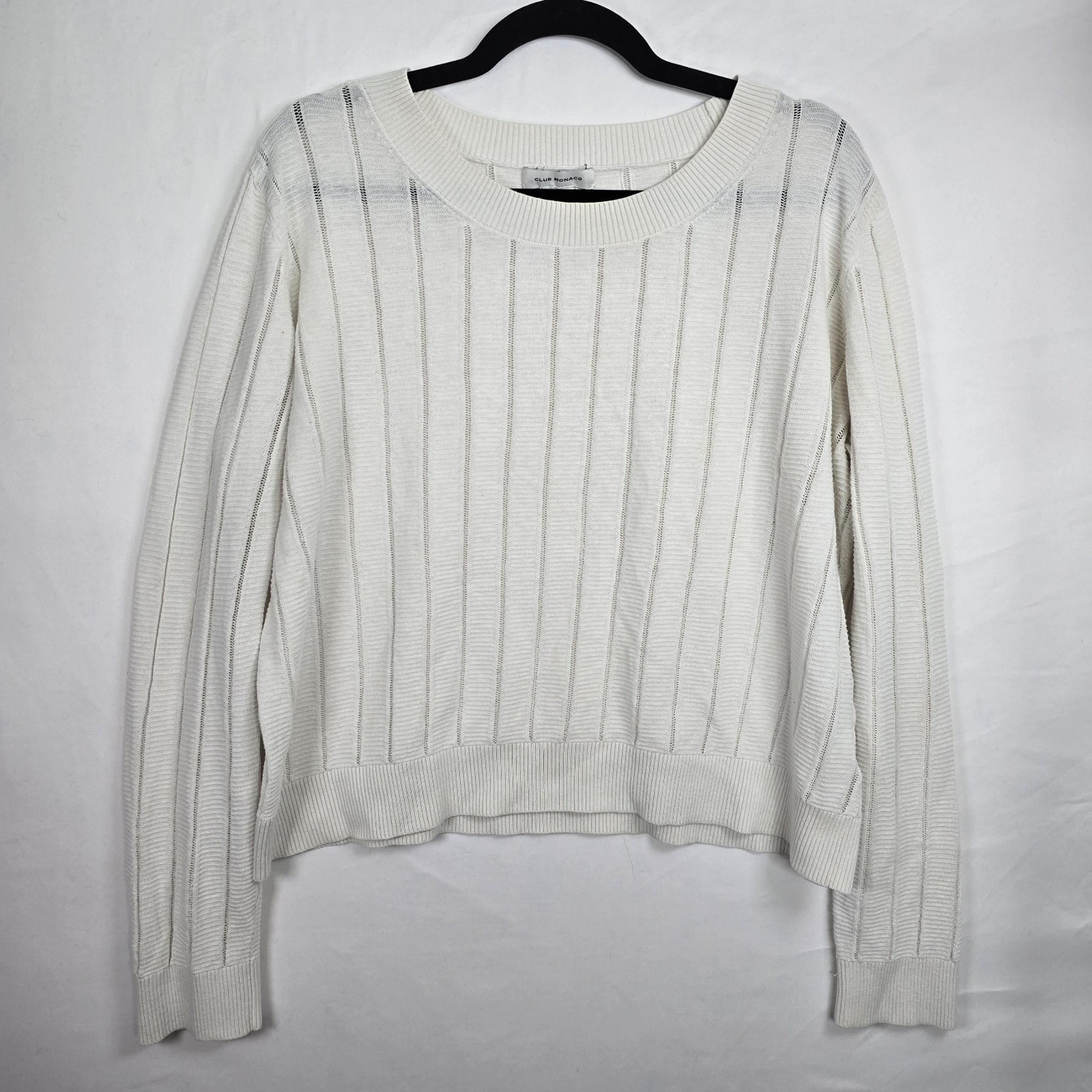 Club Monaco Sweater Womens XL White Open Knit Ribbed Round Neck Stretch Pullover