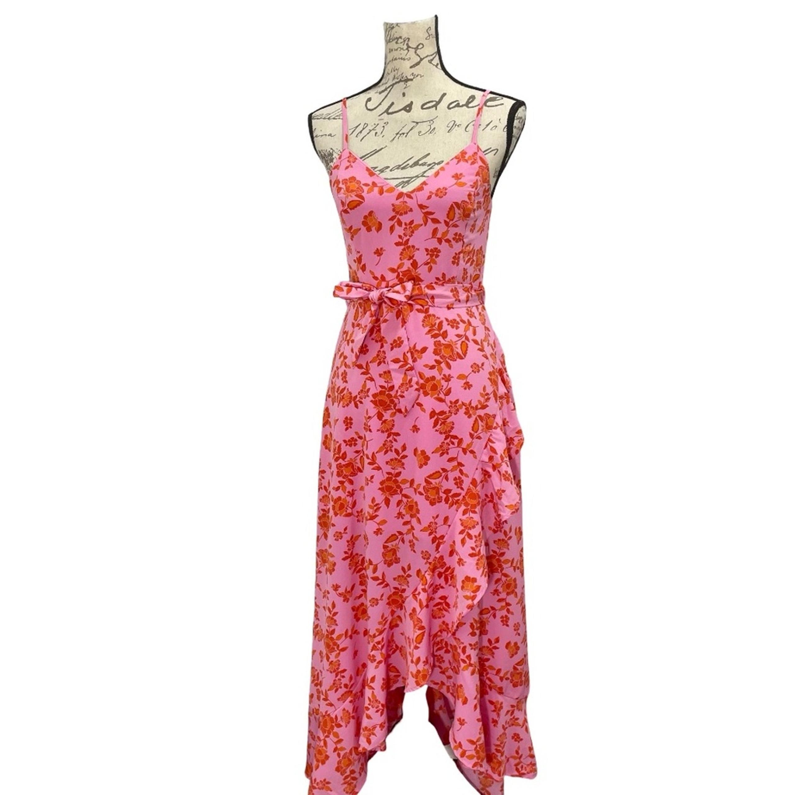 Chelsea28 Women's Pink Floral Faux Wrap Sleeveless Midi Dress Ruffle Hem - Small
