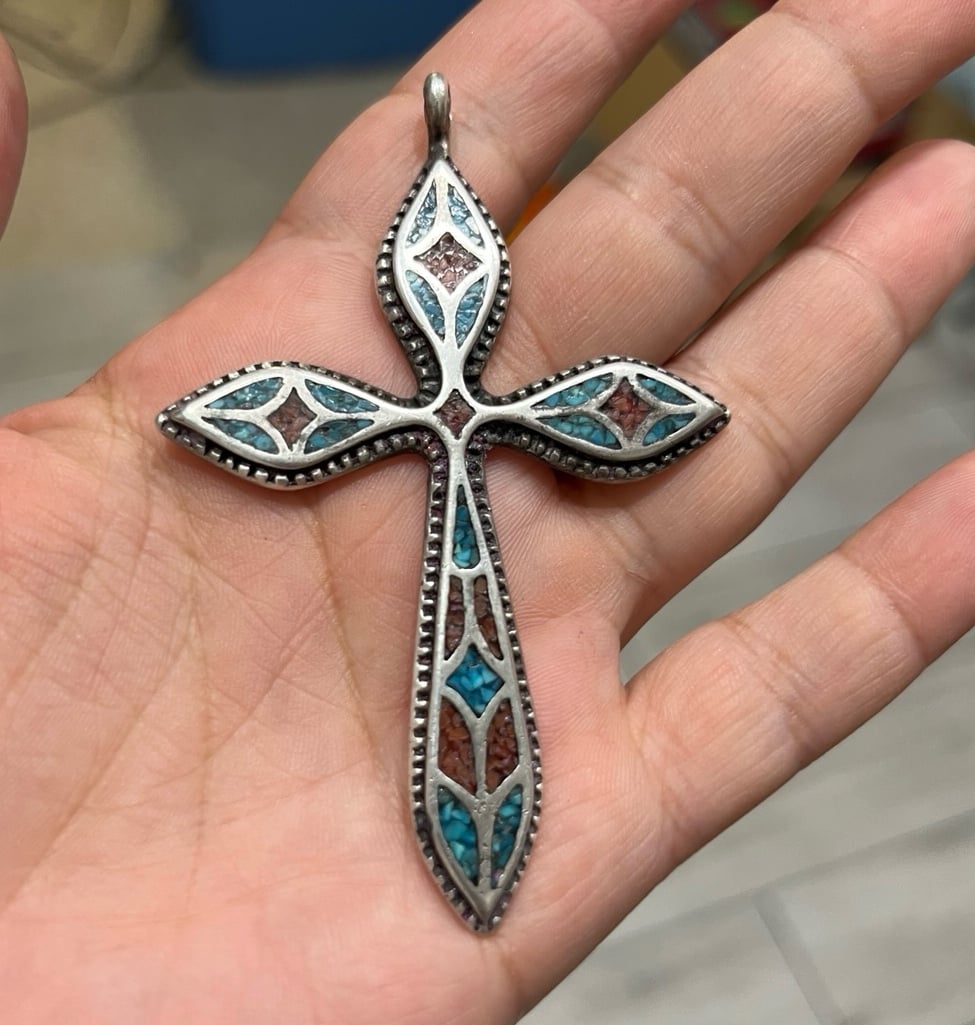 Vintage Sterling Silver Large Cross w/Inlaid Turquoise & Red Coral