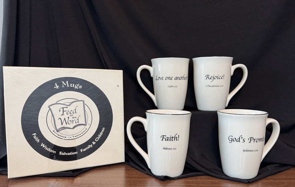 Feed On The Word Mugs Set Of 4- 41/2 High- FAITH New. Bundle With Plates