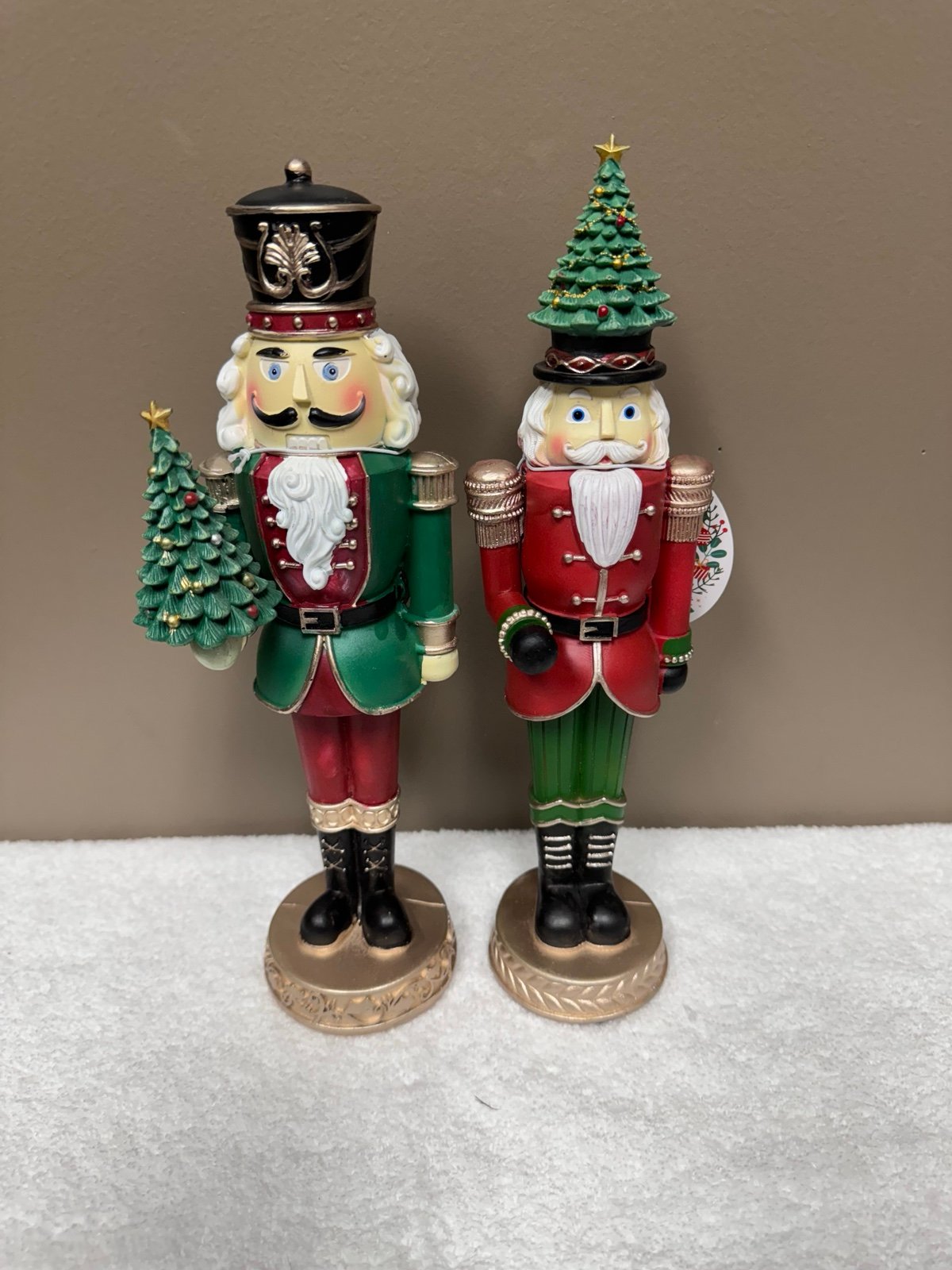 Christmas Red and Green Gold Nutcracker set holding Christmas Tree Holiday Decor