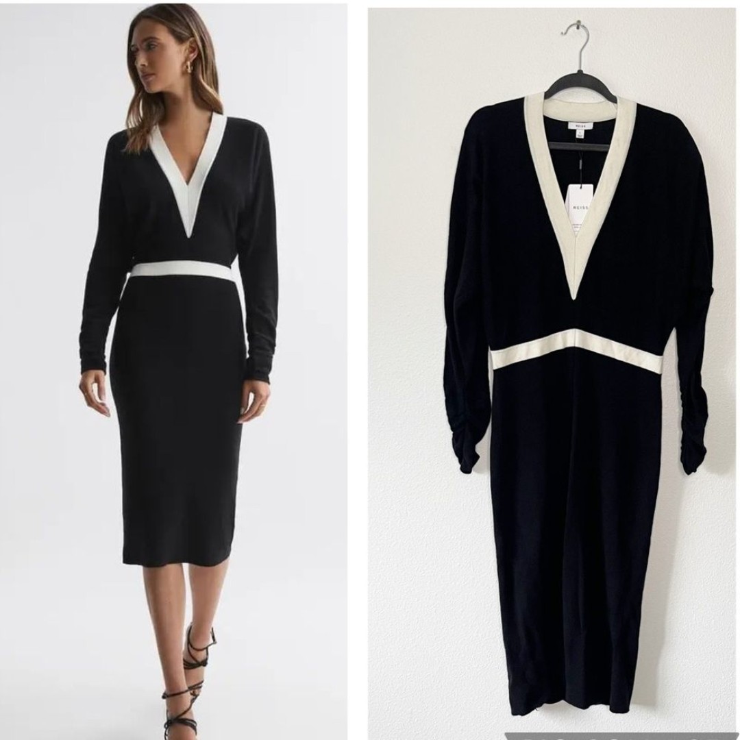 REISS Jodie Knitted Colourblock Midi Dress Black Size Large NWT