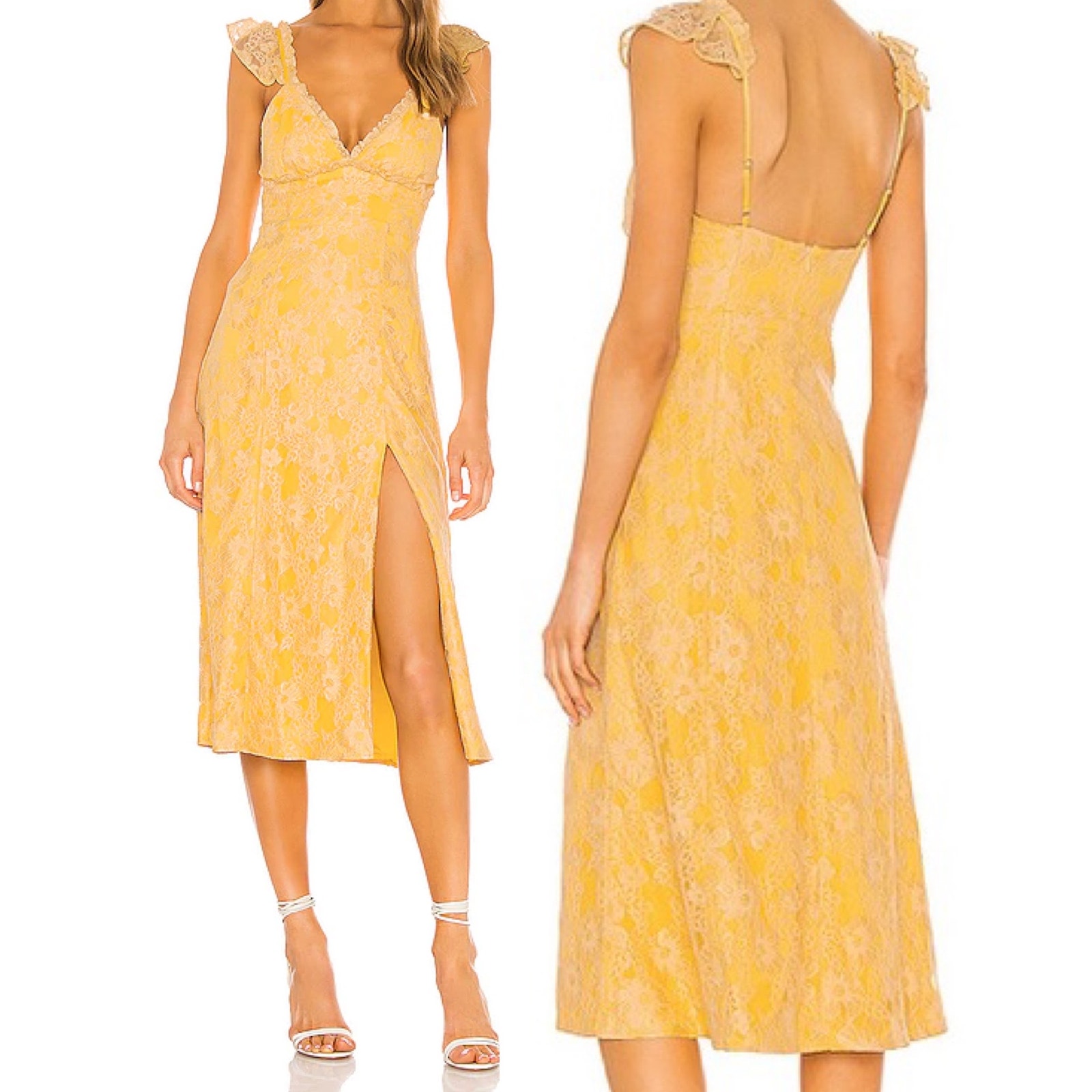 Majorelle Dress Draven Pastel Yellow Lace Flutter Sleeve Midi Dress, Size XL