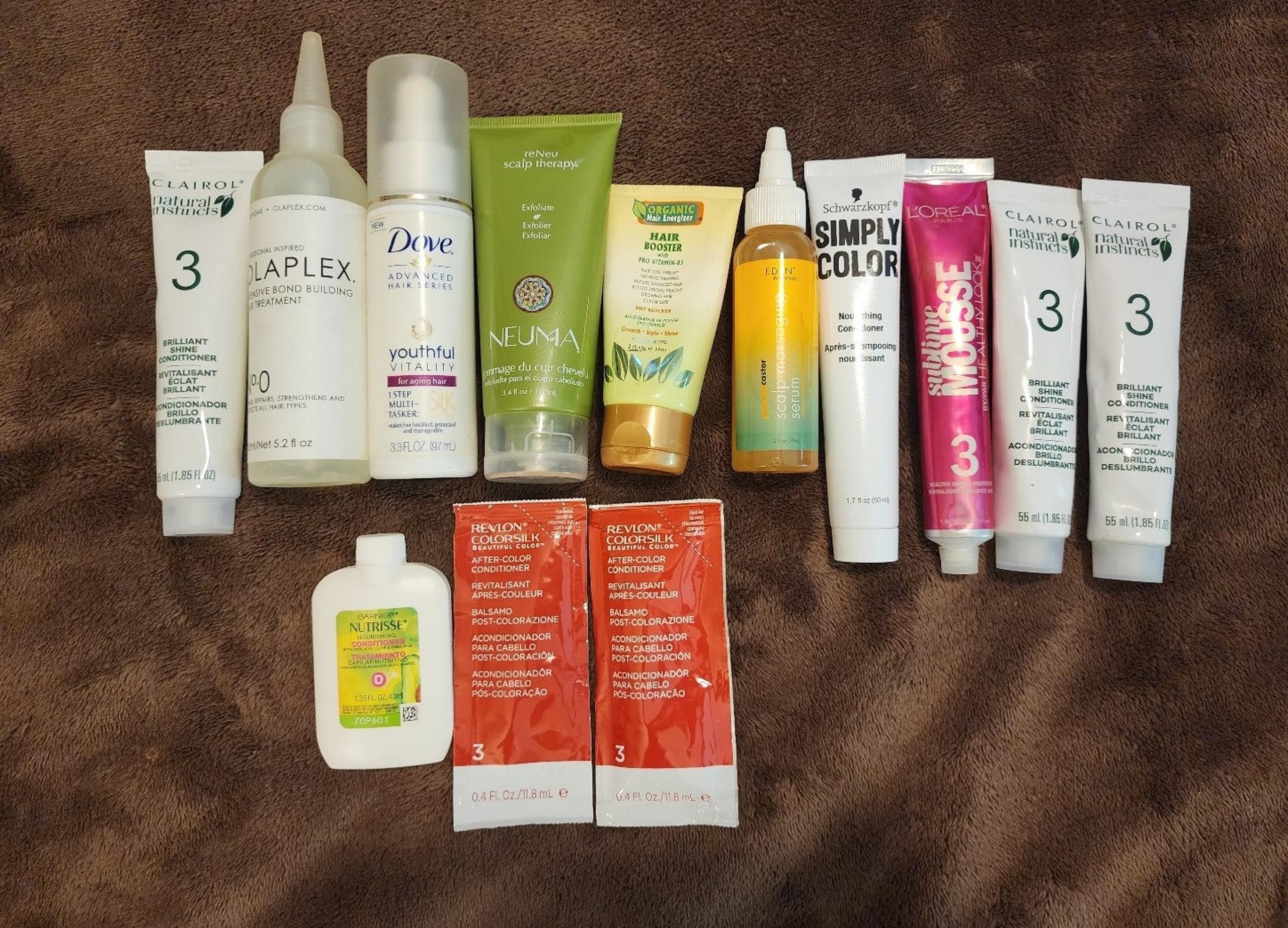 13 HAIR PRODUCTS OLAPLEX, DOVE, NEUMA, CONDITIONERS ECT.