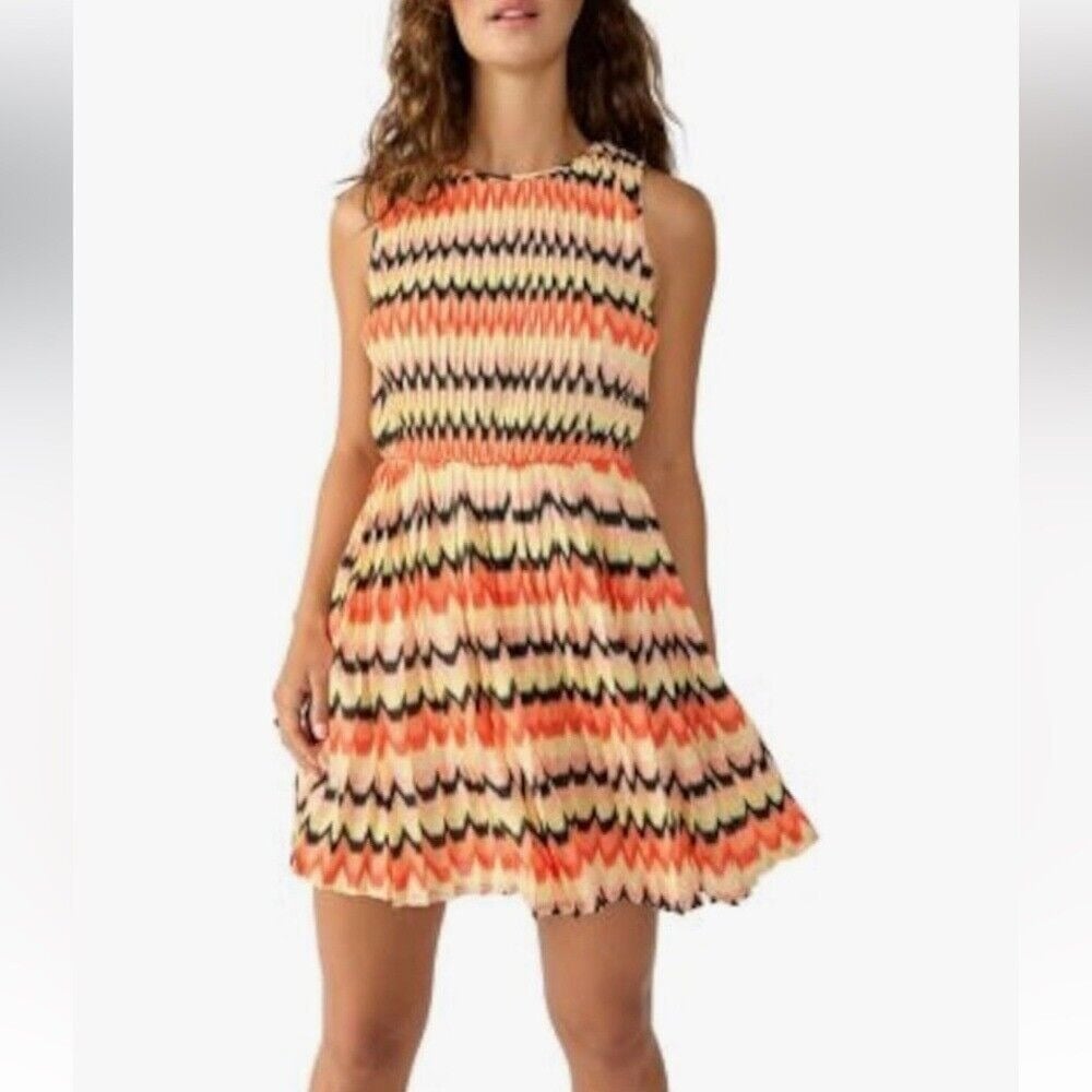 Sanctuary Crochet Mini Dress Pleated Skirt Orange Black Yellow X-Small NWT