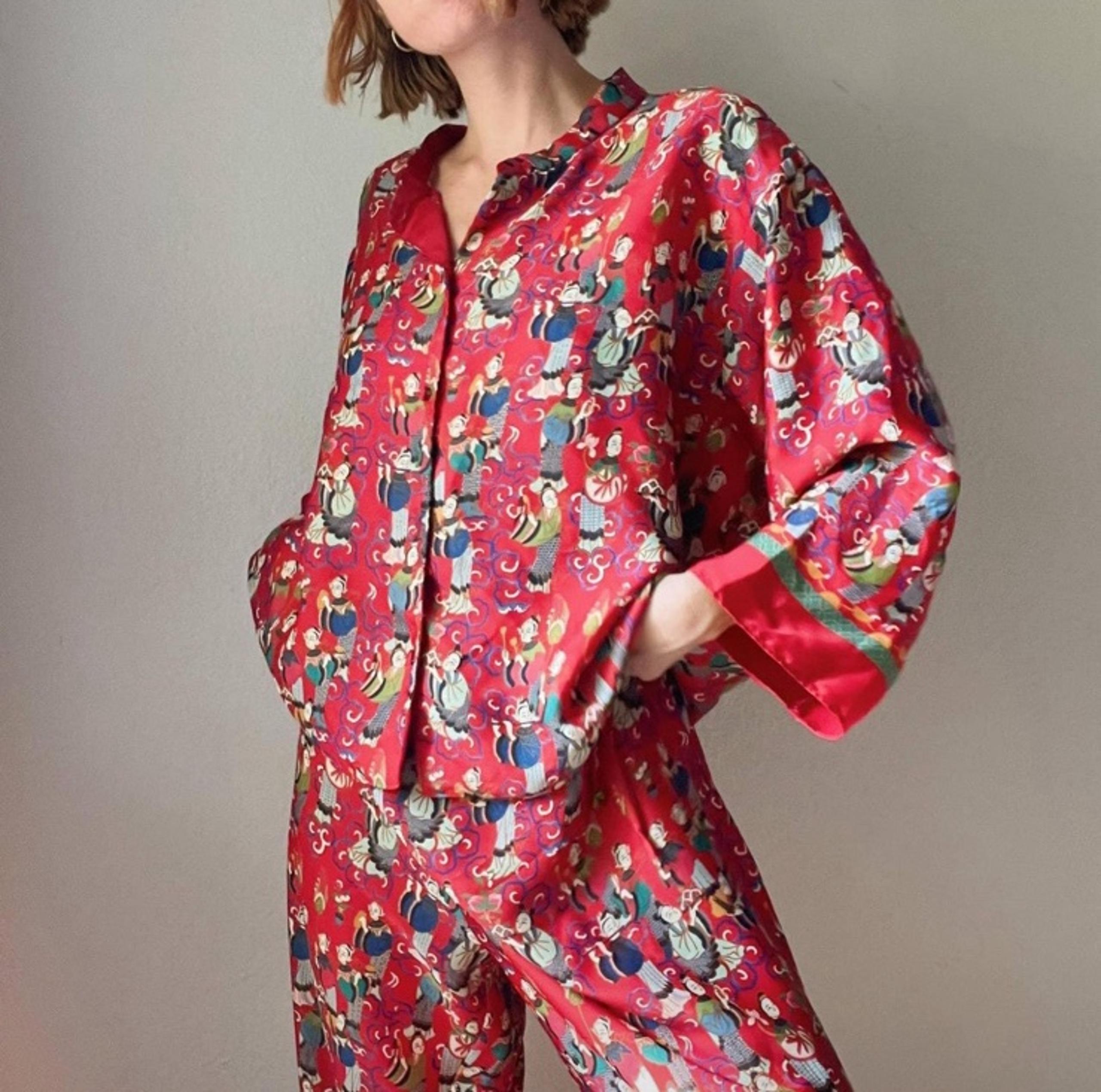Josie Natori  Geisha Tea Garden Crop Pant Pajama Set Red Sz Large Vintage