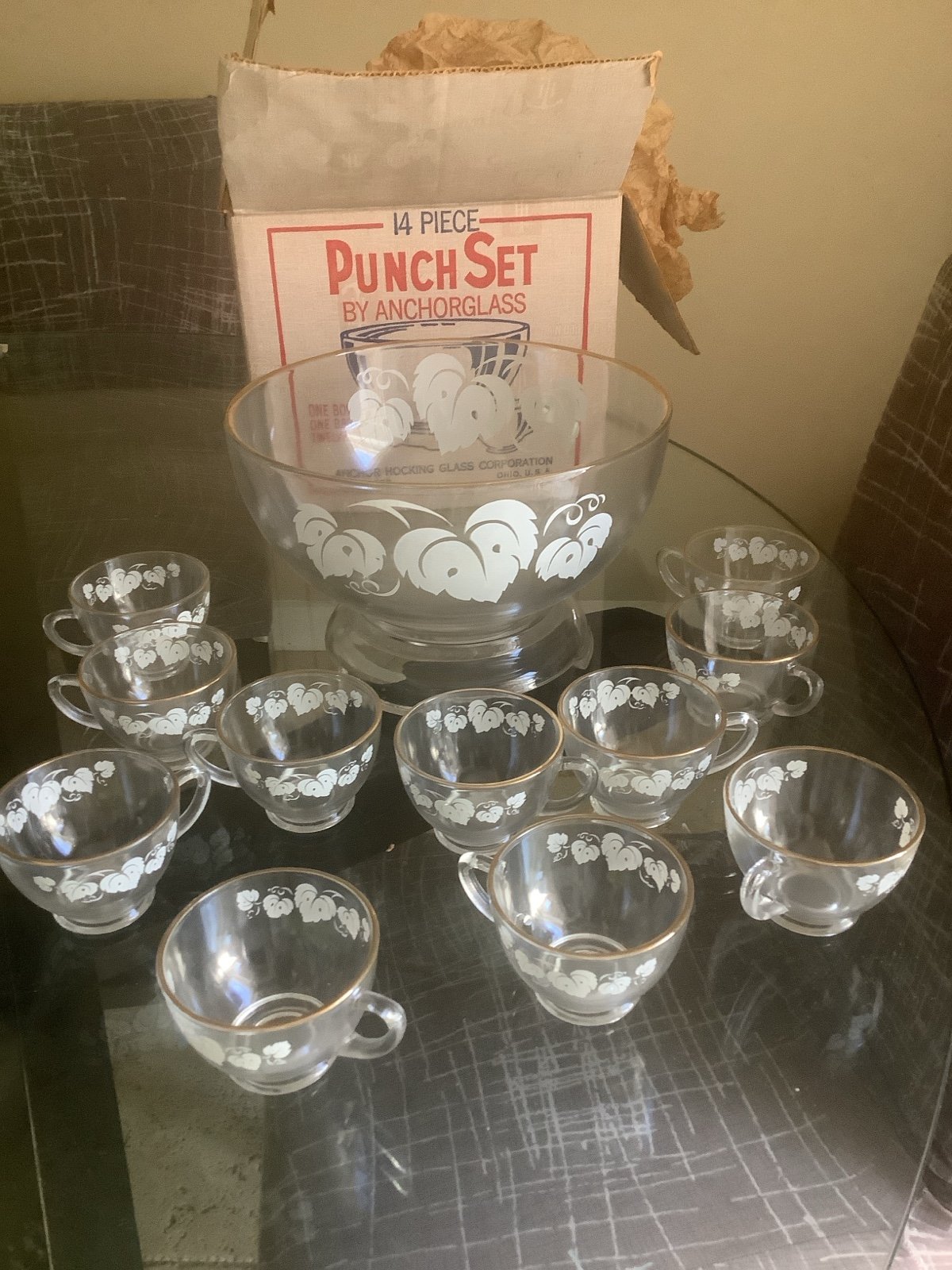 Vtg 1950's Anchor Hocking Punch Bowl Set-White Grape Leaves-13 PCS-Glass W Vase