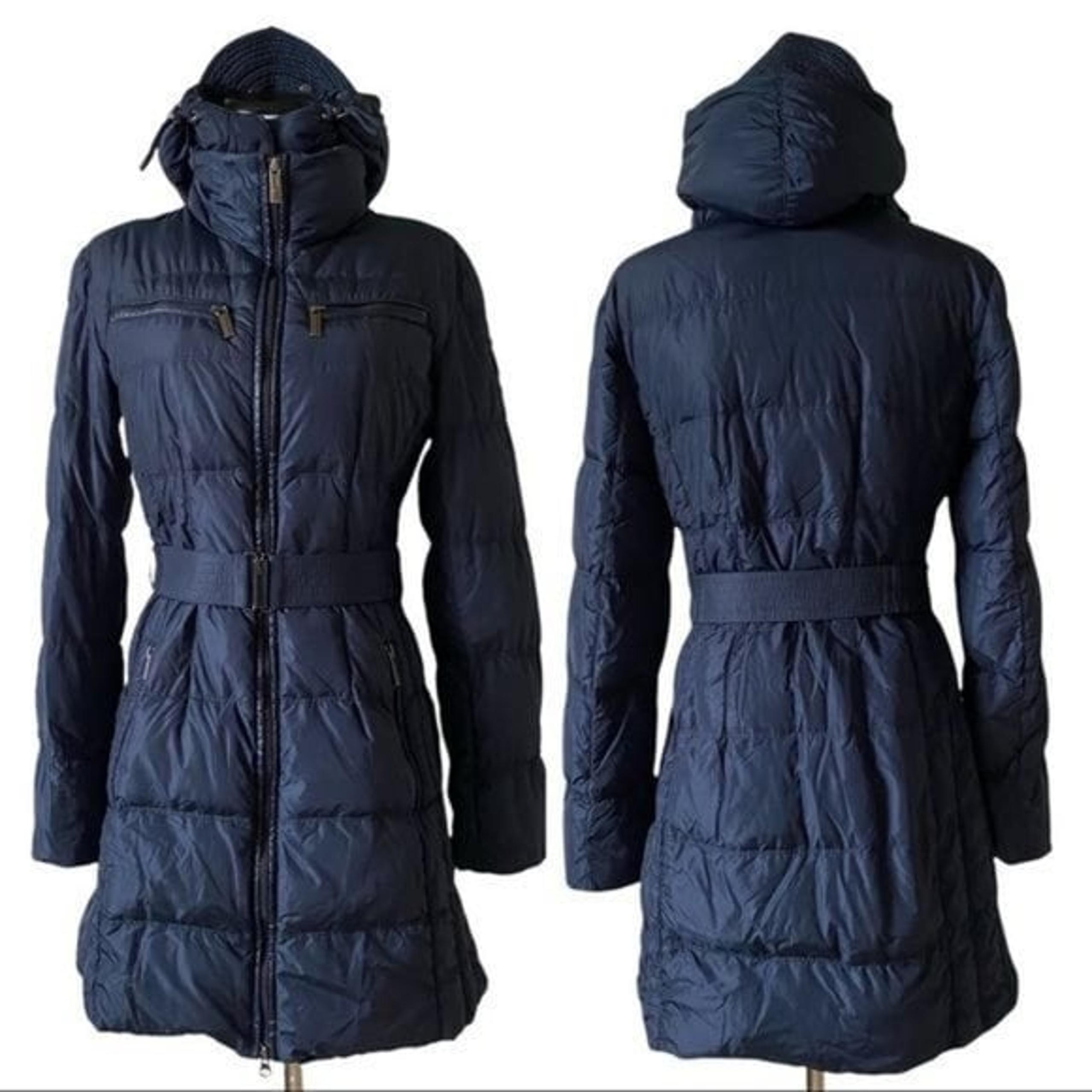 ADD DOWN Size 4 Navy Blue Puffer Belted Coat Detachable Snap Button Hood CAW027