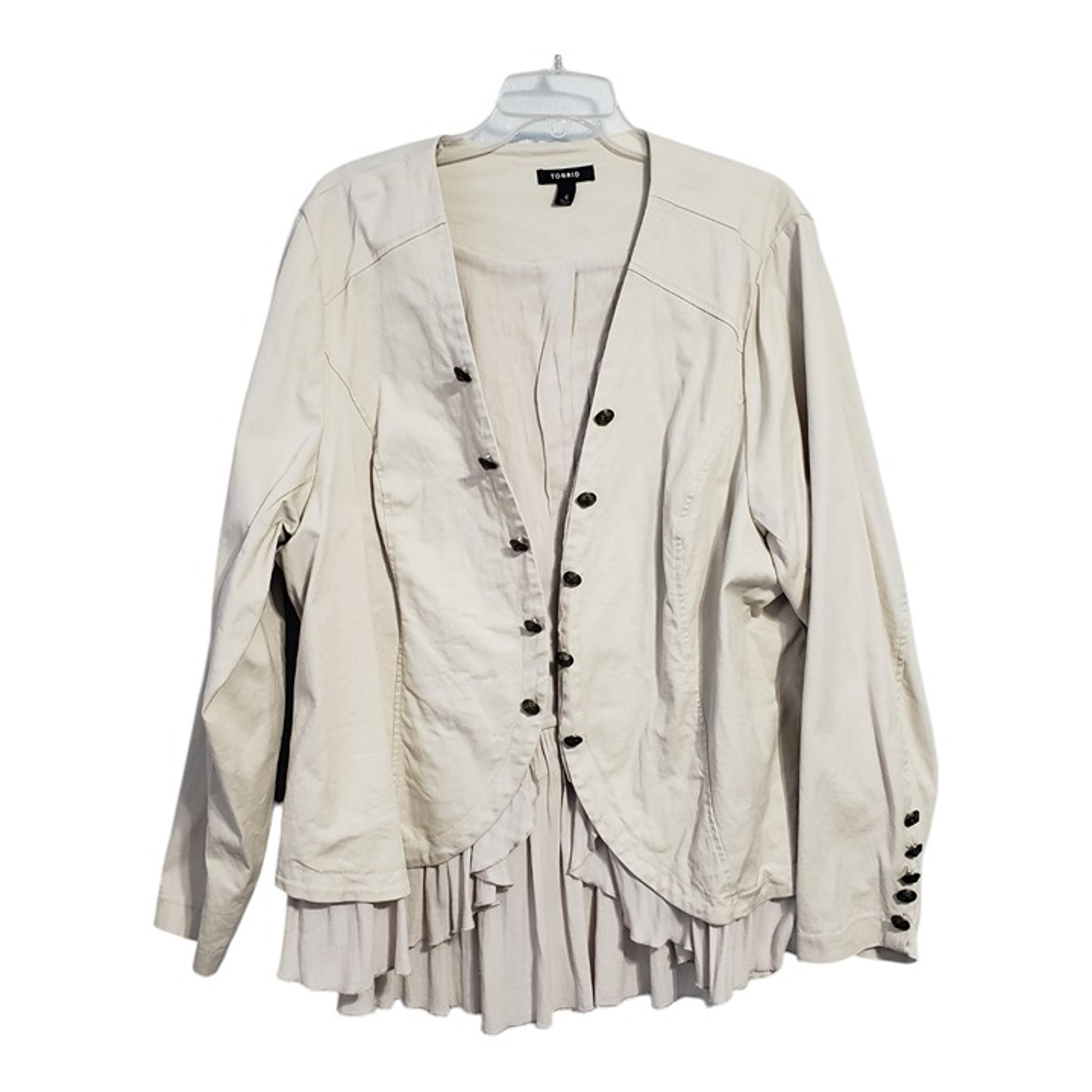 Torrid 4 Military Style Beige Open Front Stretch Peplum Ruffle Jacket Size 4X 26
