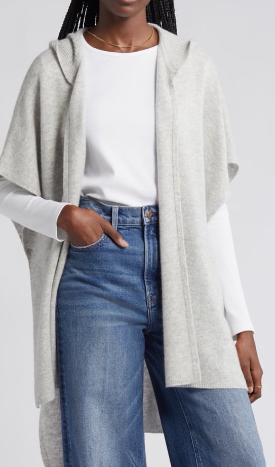 Wool & Cashmere Hooded Ruana in light grey new with tags