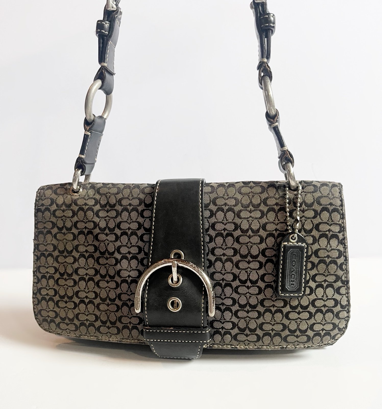 Coach Vintage Black Mini Signature Soho Buckle Flap Slim Canvas Bag Purse Y2K