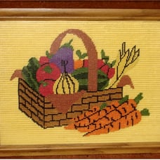 VEGETABLE BASKET - VINTAGE CREWEL NEEDLEPOINT PICTURE FRAMED FINISHED HAND MADE