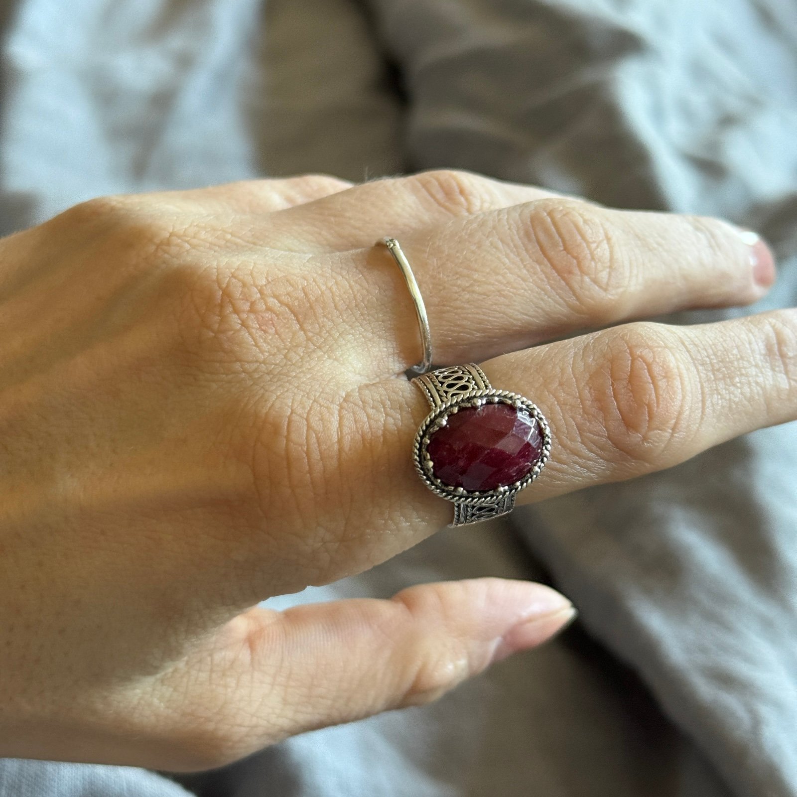 Ruby Silver Ring, 925 Sterling Red Opaque Ruby Corundum