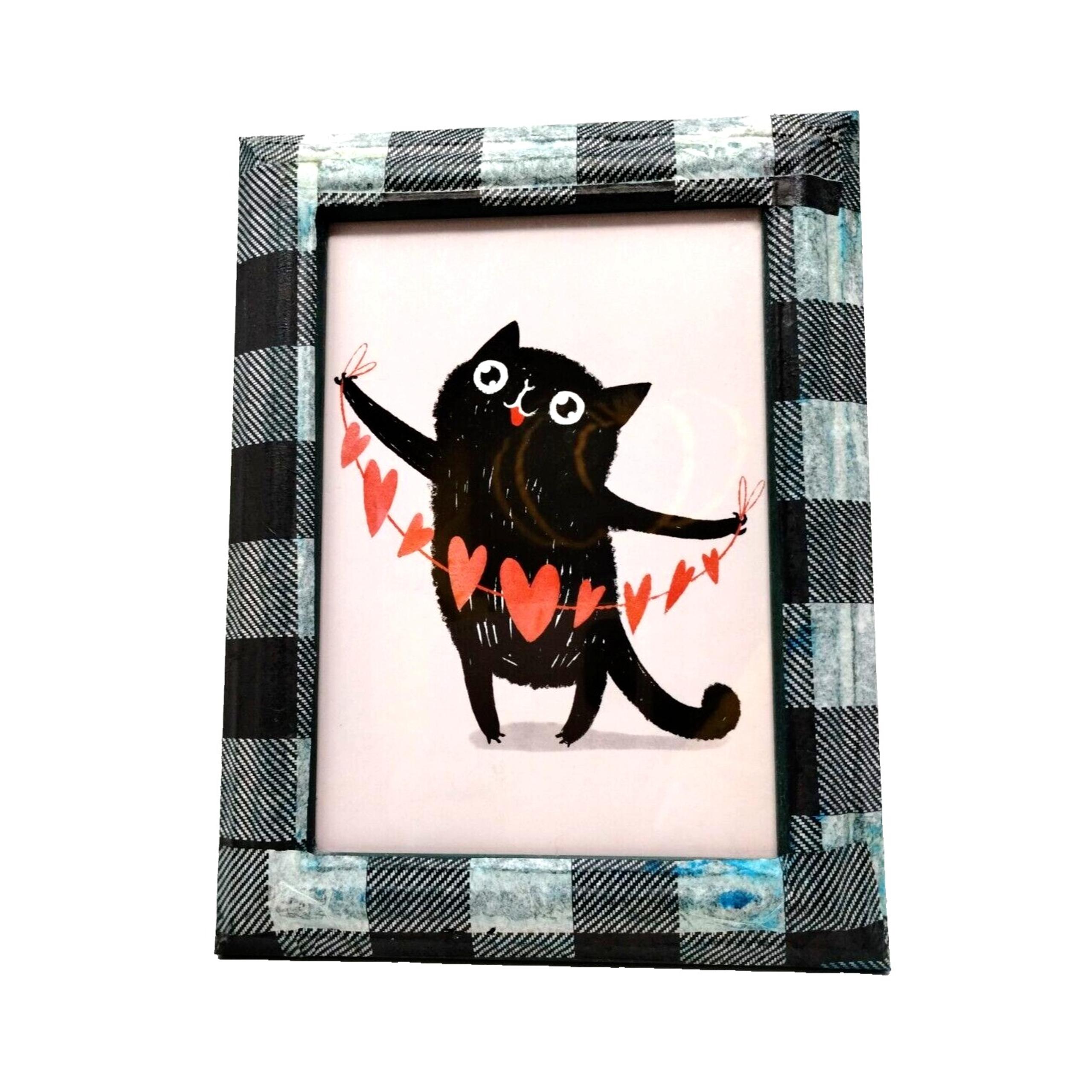 Valentine Cat Print Framed Decopauge Plaid Frame Art Folk I Love You Gift Craft