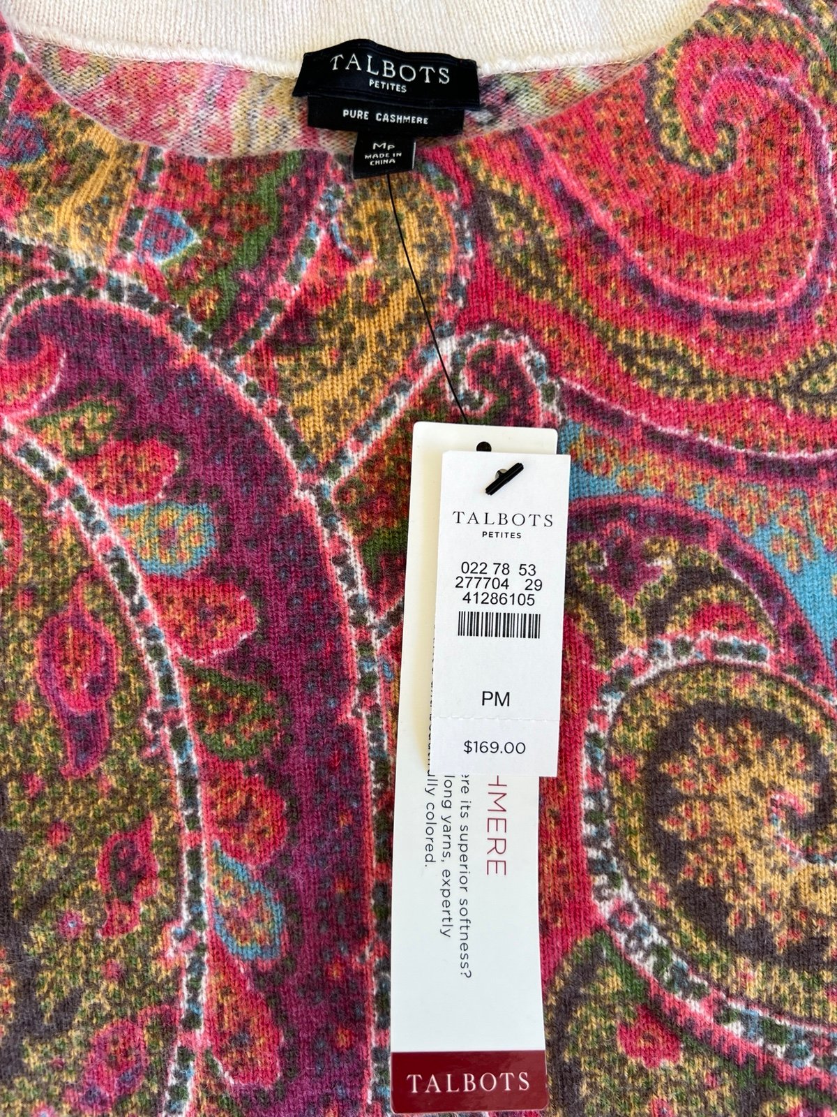 Talbots Cashmere Sweater Sz Med Petite Paisley Multicolor Crew Neck Pullover NWT