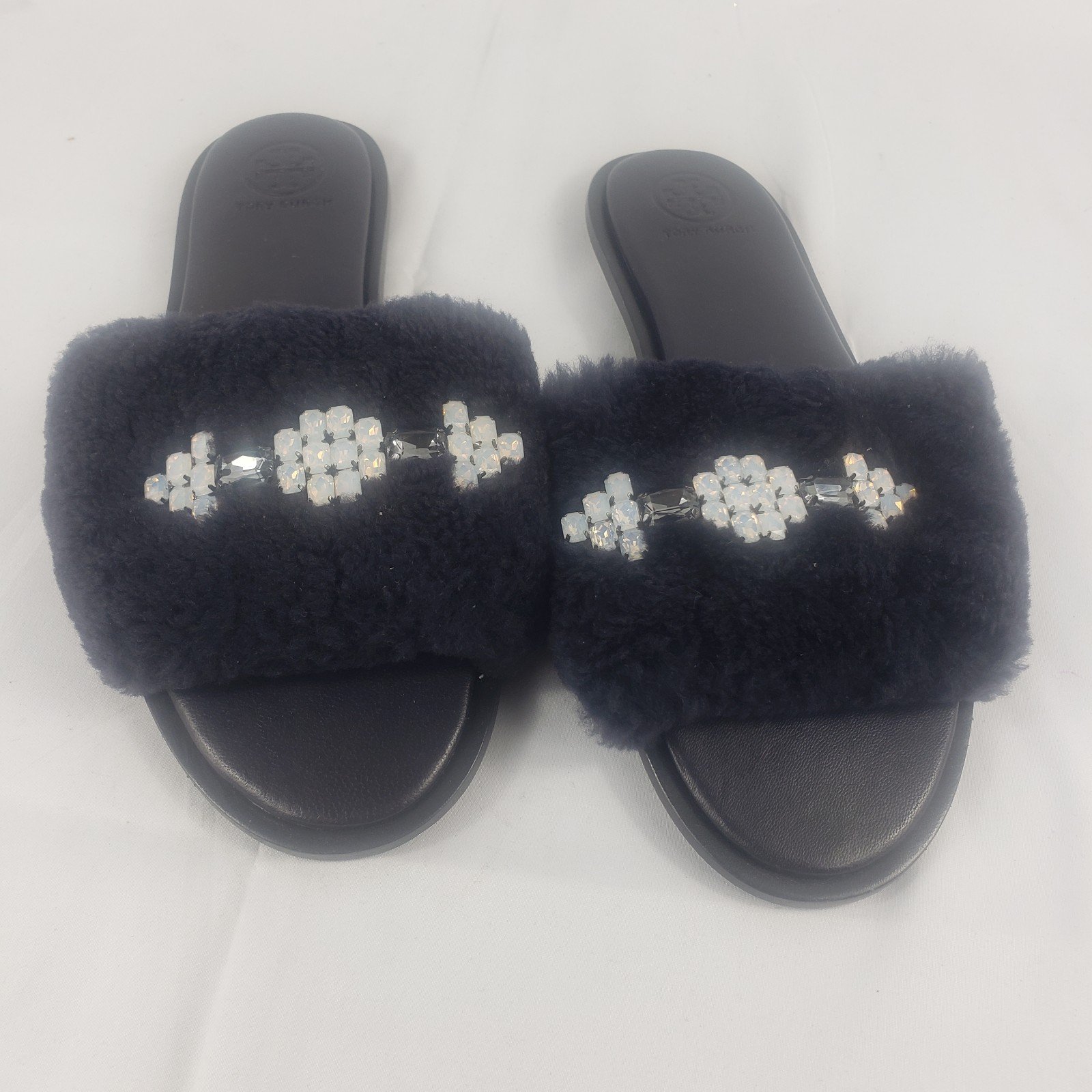 Tory Burch Aspen Crystal Embellished Shearling Sheep Slide Sandal Navy Size 7