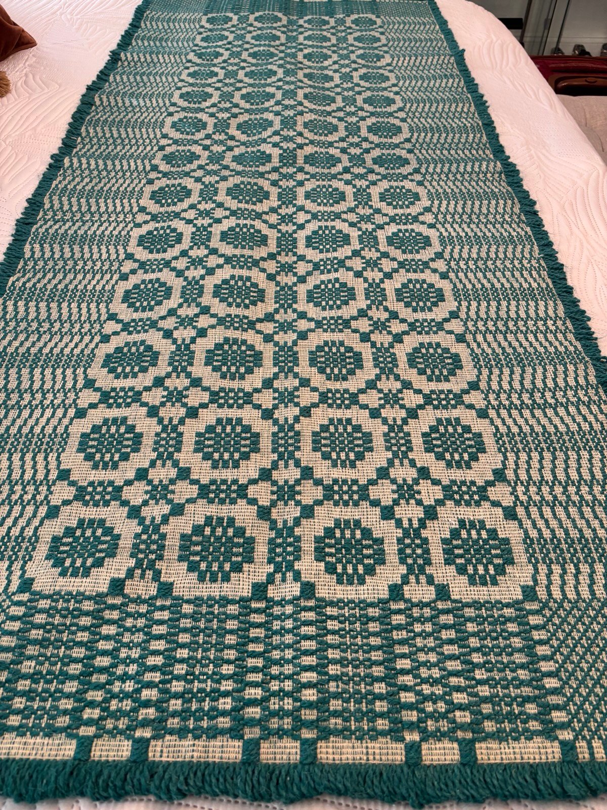 Beautiful hand made woven green and beige rug/ table runner/ wall decor