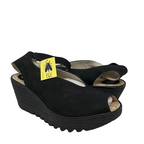 FLY London YALA PERF Wide Wedge Open Toe Sandals Size 38 W