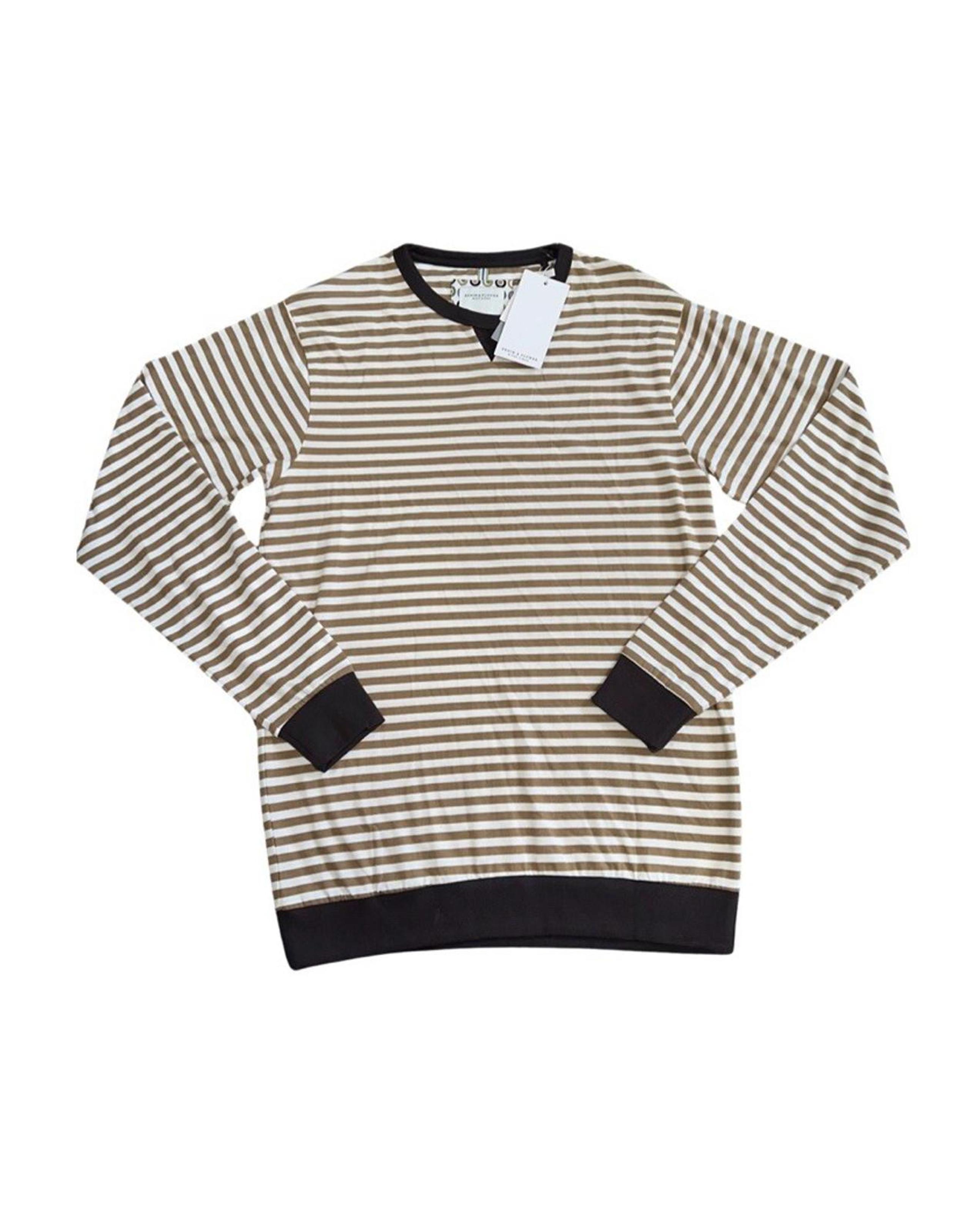 Denim Flower Mens Size Small Ricky Singh Brown Striped  V Notch Crewneck T Shirt