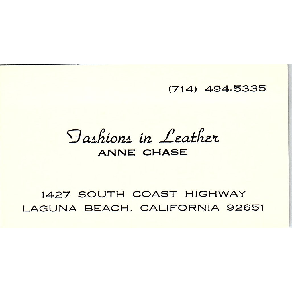 Fashions in Leather Anne Chase Laguna Beach CA Vintage Business Card SE5-B4