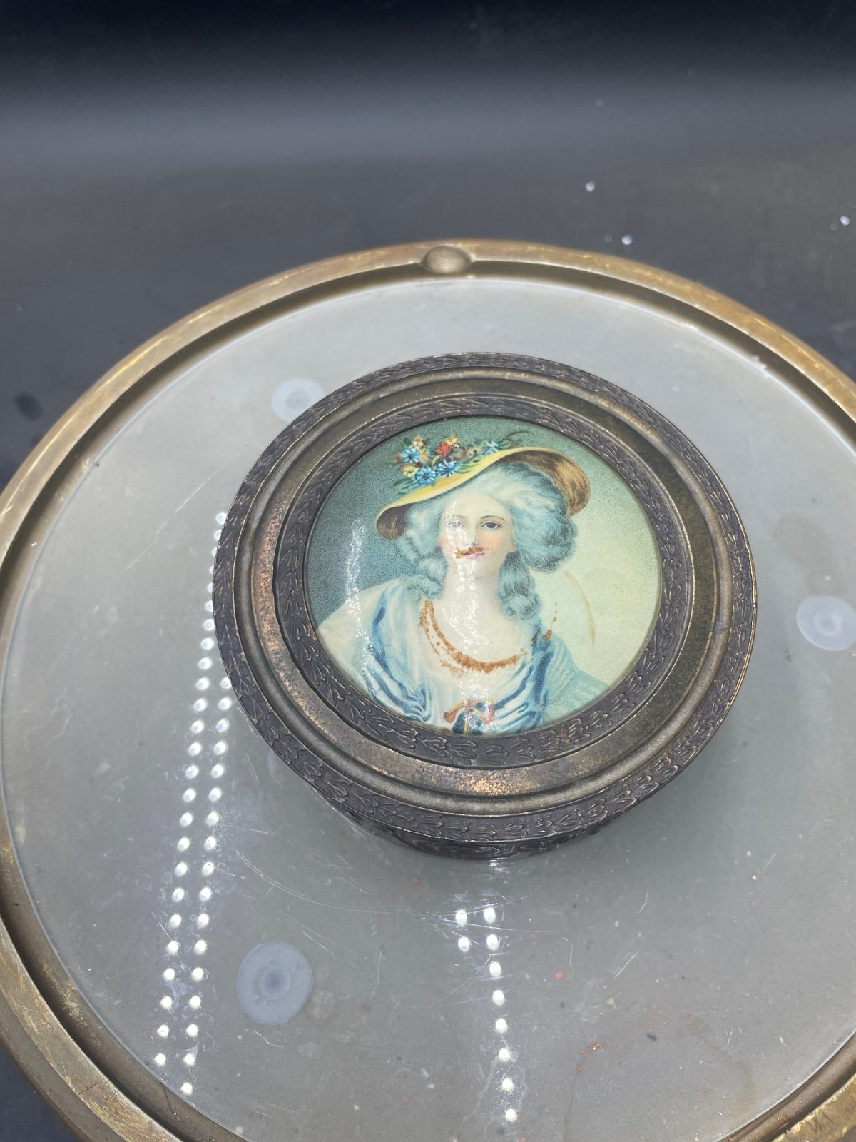 Antique French Brass Powder Box With Mirror And Victorian Woman Painted Lid 4.5”