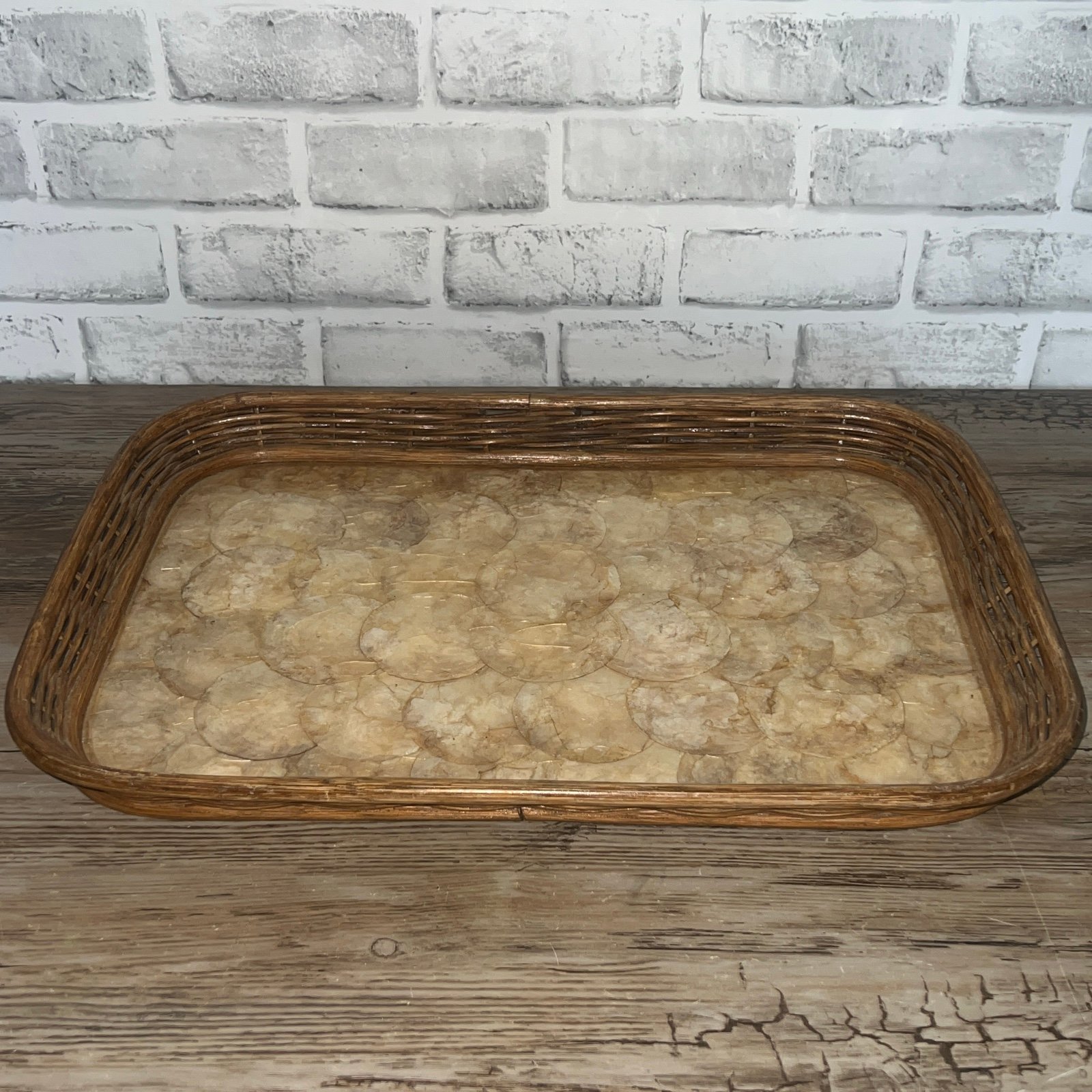 Japanese Tray Capiz Shell Bamboo Serving Cocktail Rectangle Tray 18.5” X 13”