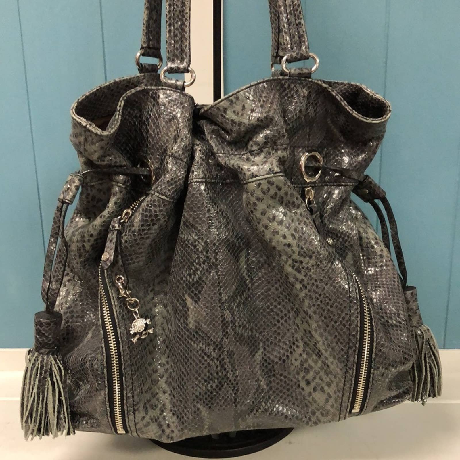 Vintage Cole Haan Limited Edition Drawstring Bag gray snake print tote purse