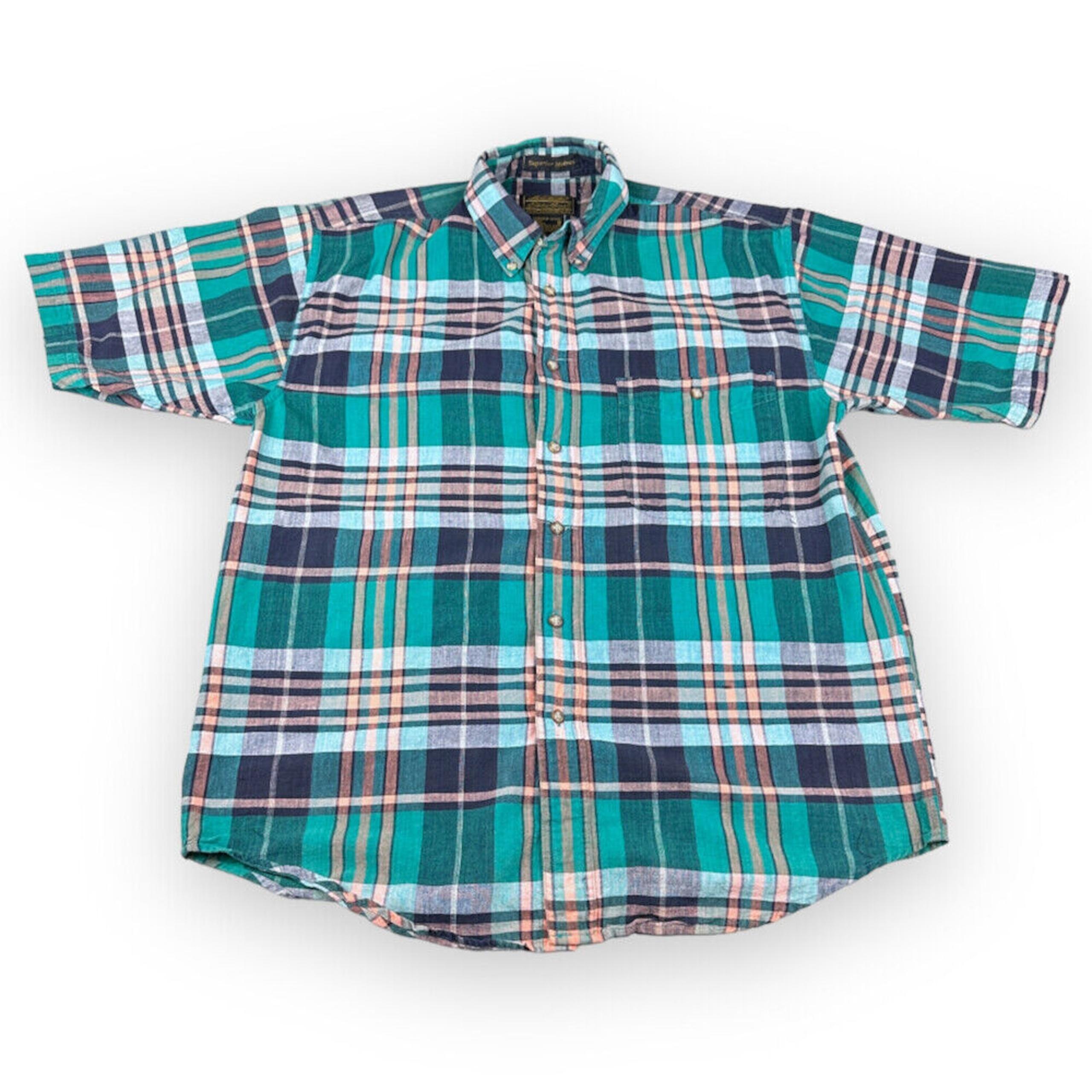 Vintage Eddie Bauer Shirt Adult MEDIUM 80s Salmon Green Tartan Plaid Button Down