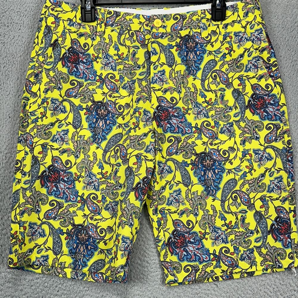 Hreski Shorts Mens 34 Yellow Paisley Performance Chino Golf Stretch Pockets NEW