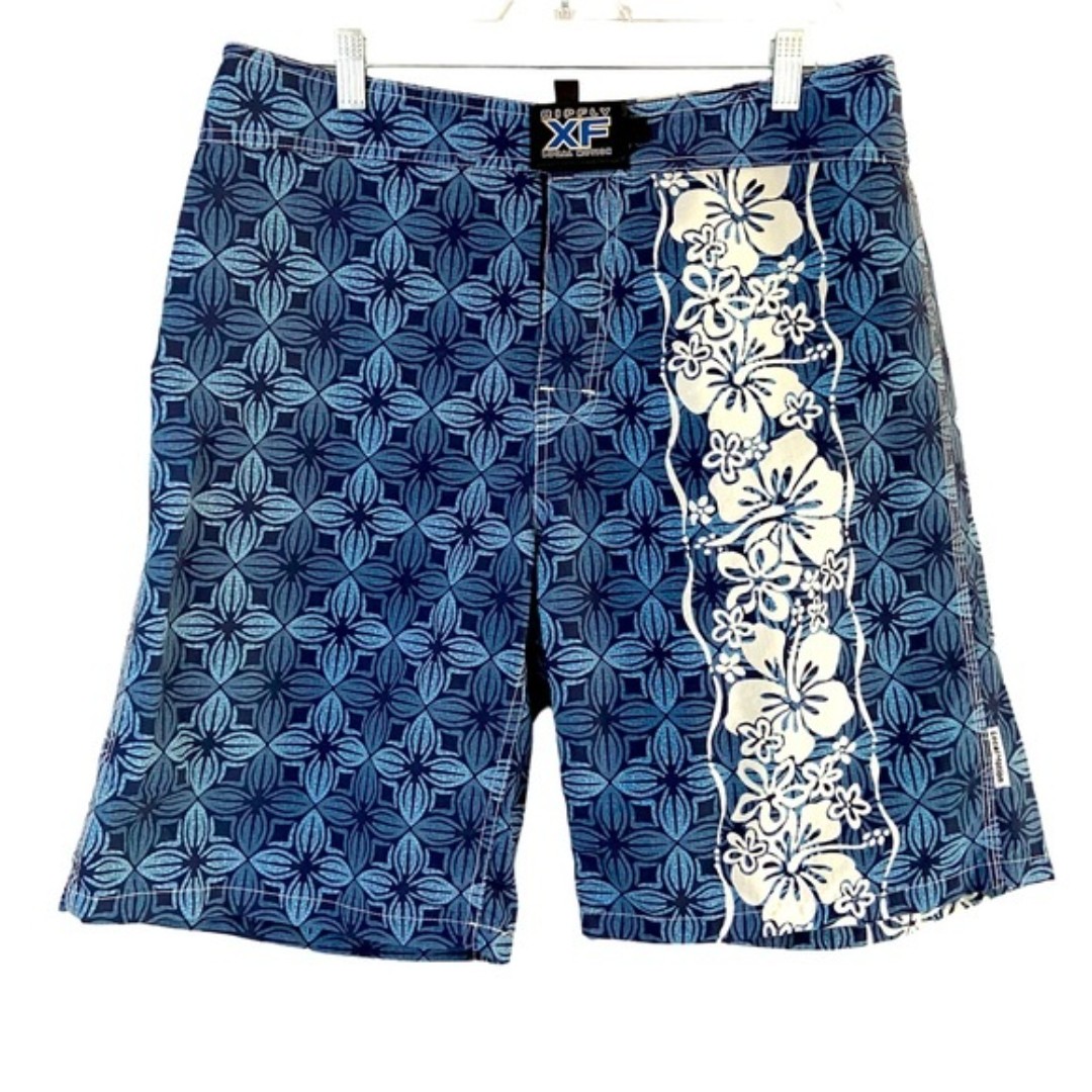 Local Motion Rip Fly XF Blue Floral Surf Board Shorts Sz 34 Made In Hawaii USA