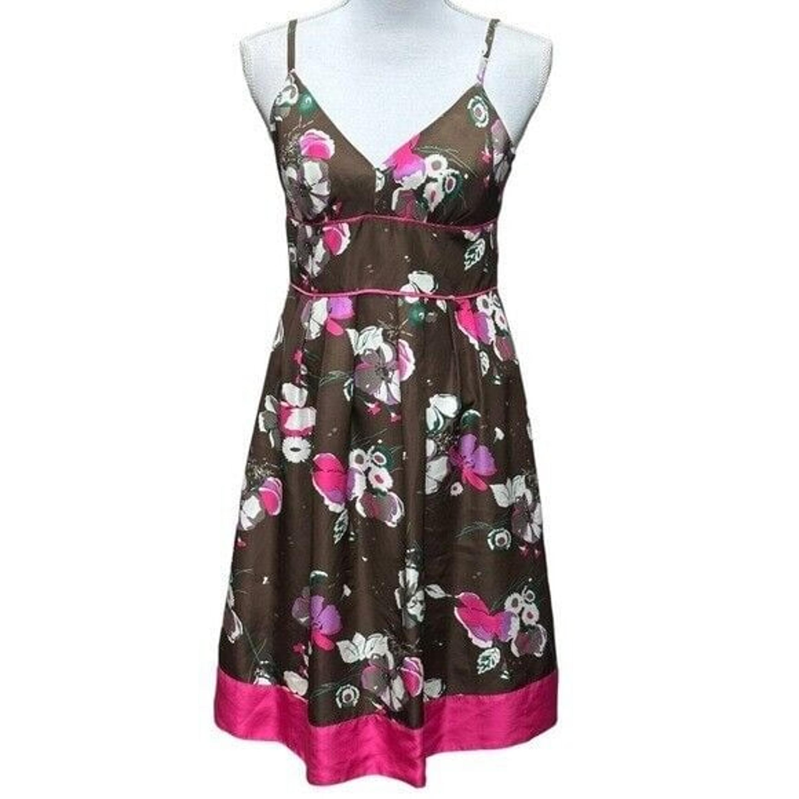 Guess 100% Silk Brown Hot Pink Floral Fit & Flare Dress Size 7 Feminine Summer