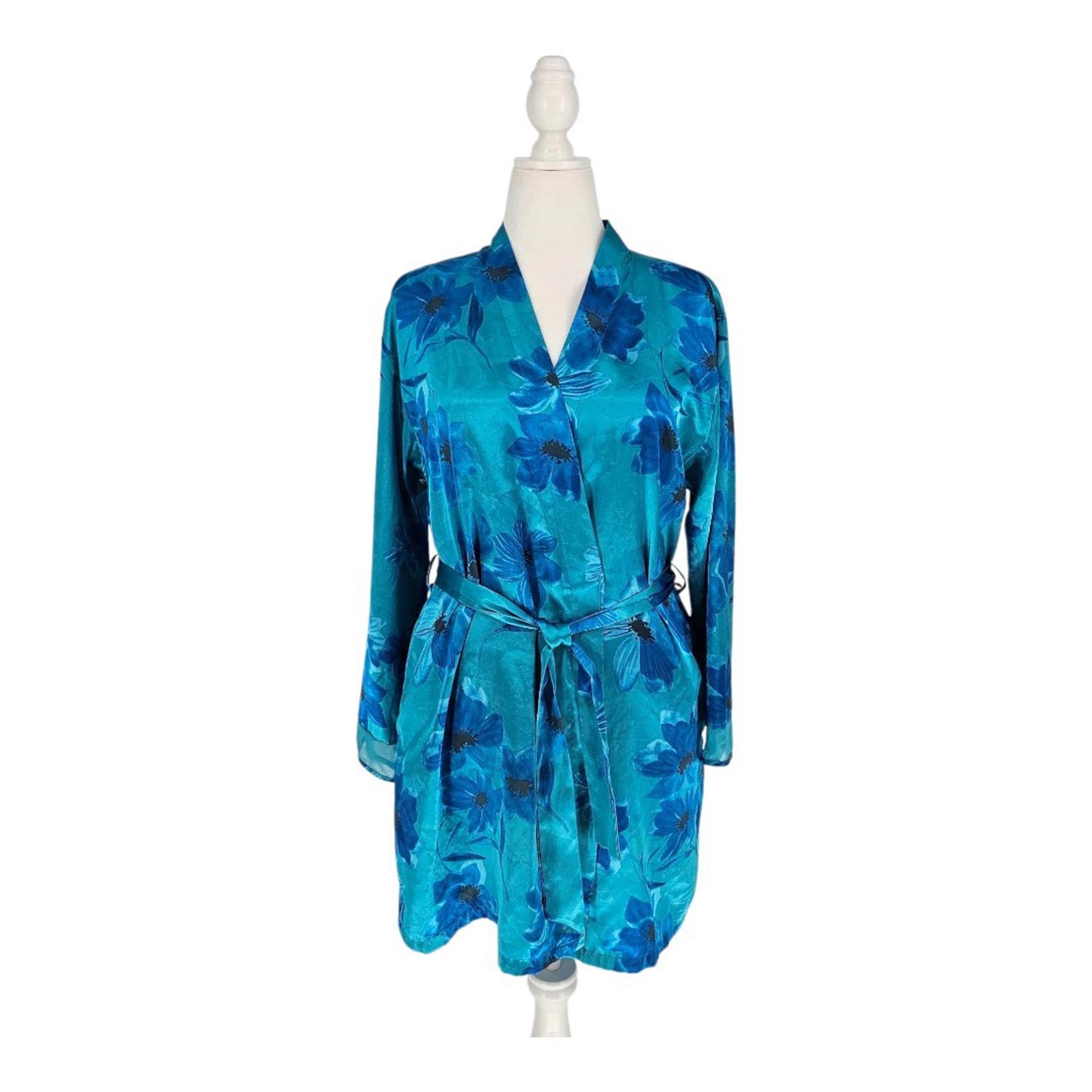 Jones New York Satin Robe Womens L / XL Blue Floral Sexy Feminine Attached Belt