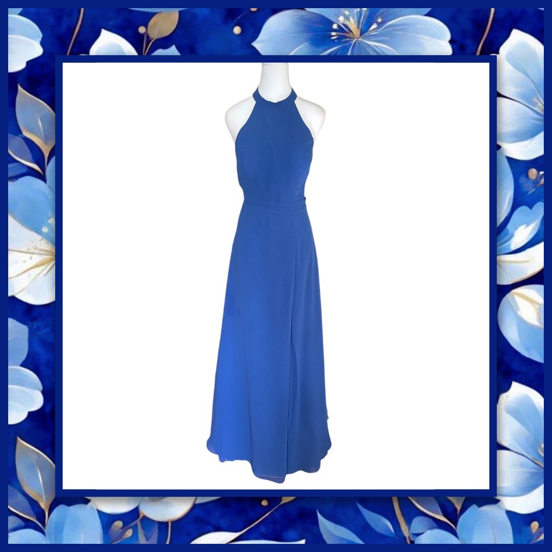 AZAZIE CLARICE Royal Blue A-Line Halter Chiffon Dress – Size 10