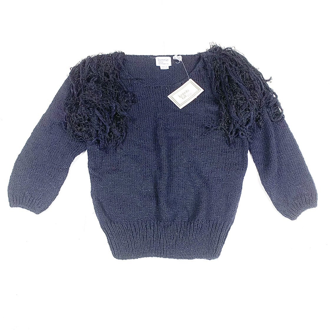 VNT NWT Bonnie and Bill Black Fringe Shoulder Silk Sweater, Size Large