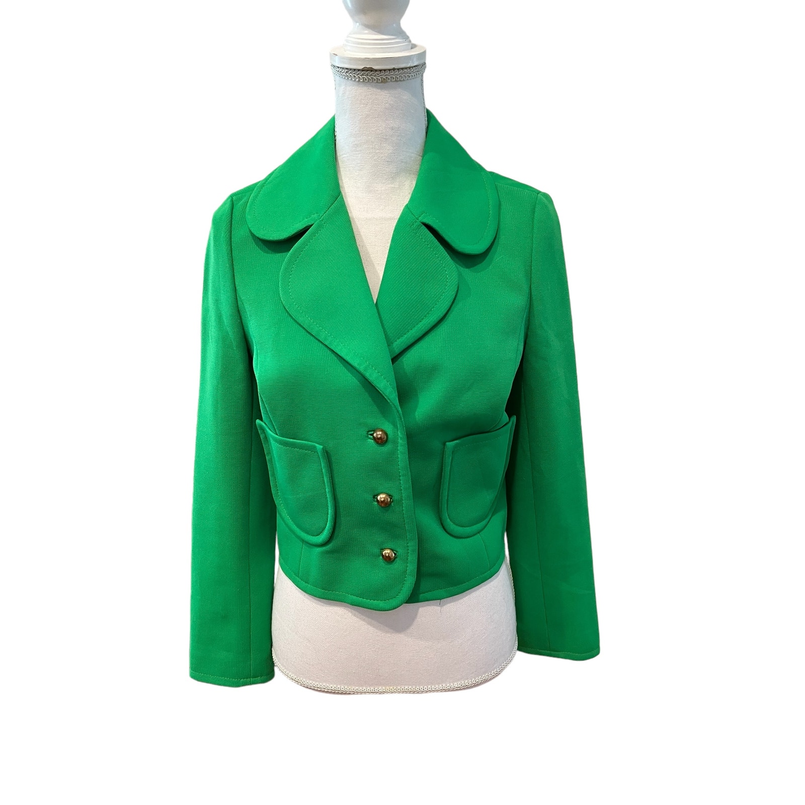 Vintage 60s Butter Knit Cropped Lime Green Polyester Blazer