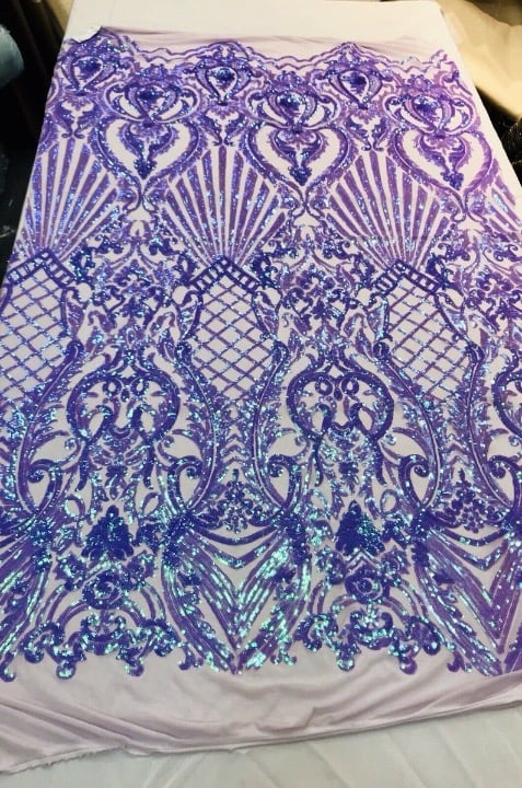 Lavender iridescent damask sequin design on a 4 way stretch mesh-dresses-prom-ni