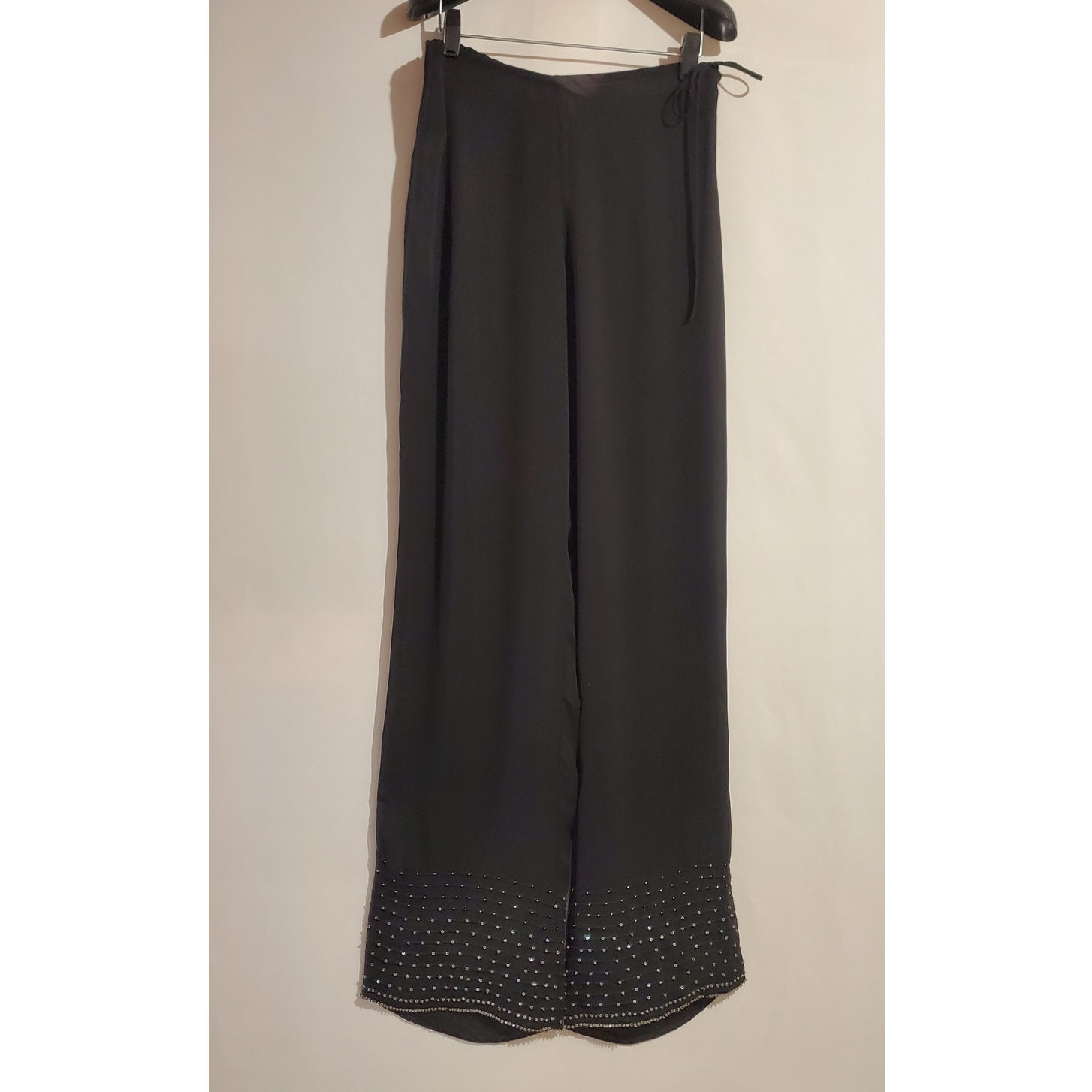 Vtg Max Studio 100% Silk Beaded Sequin Wide Leg Dress Pants Size M Black Glam