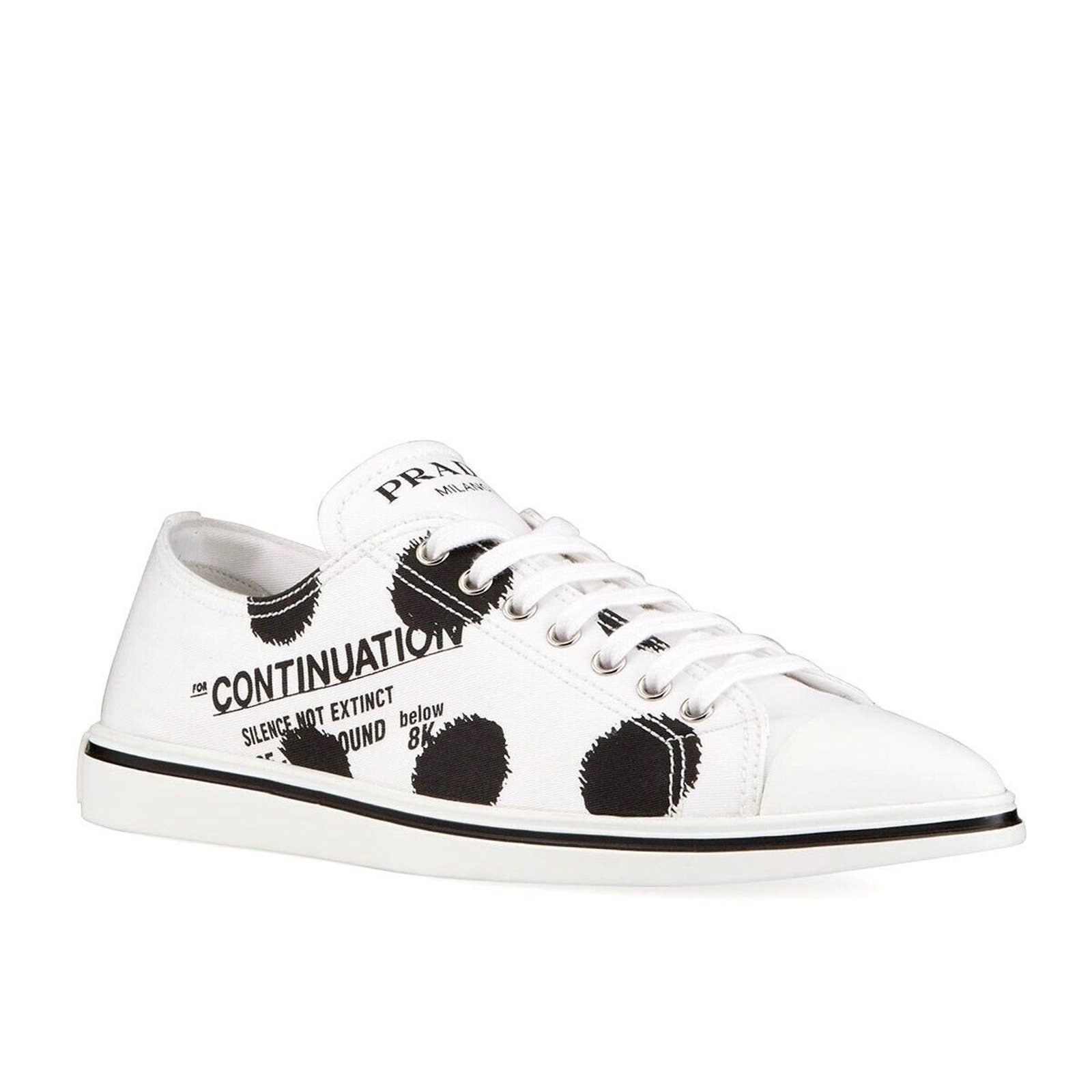 PRADA 1E617M WHITE BLACK POLKA CANVAS LOGO POINTY CAP LOW TOP SNEAKERS 38.5